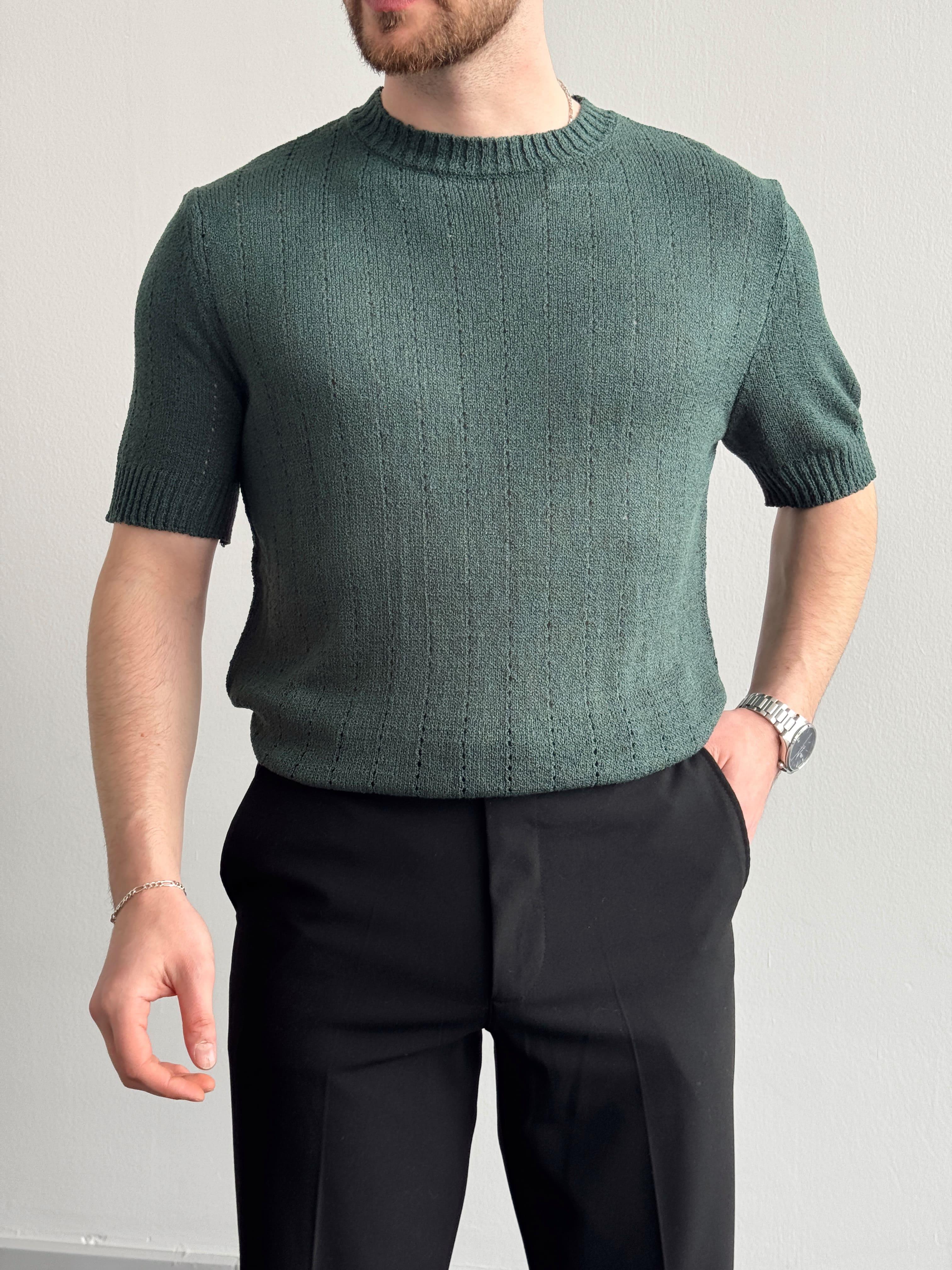 Erkek Elit Seçim Oversize Kalıp Bisiklet Yaka Desenli Triko T-Shirt-Zümrüt(E1336)Ketench