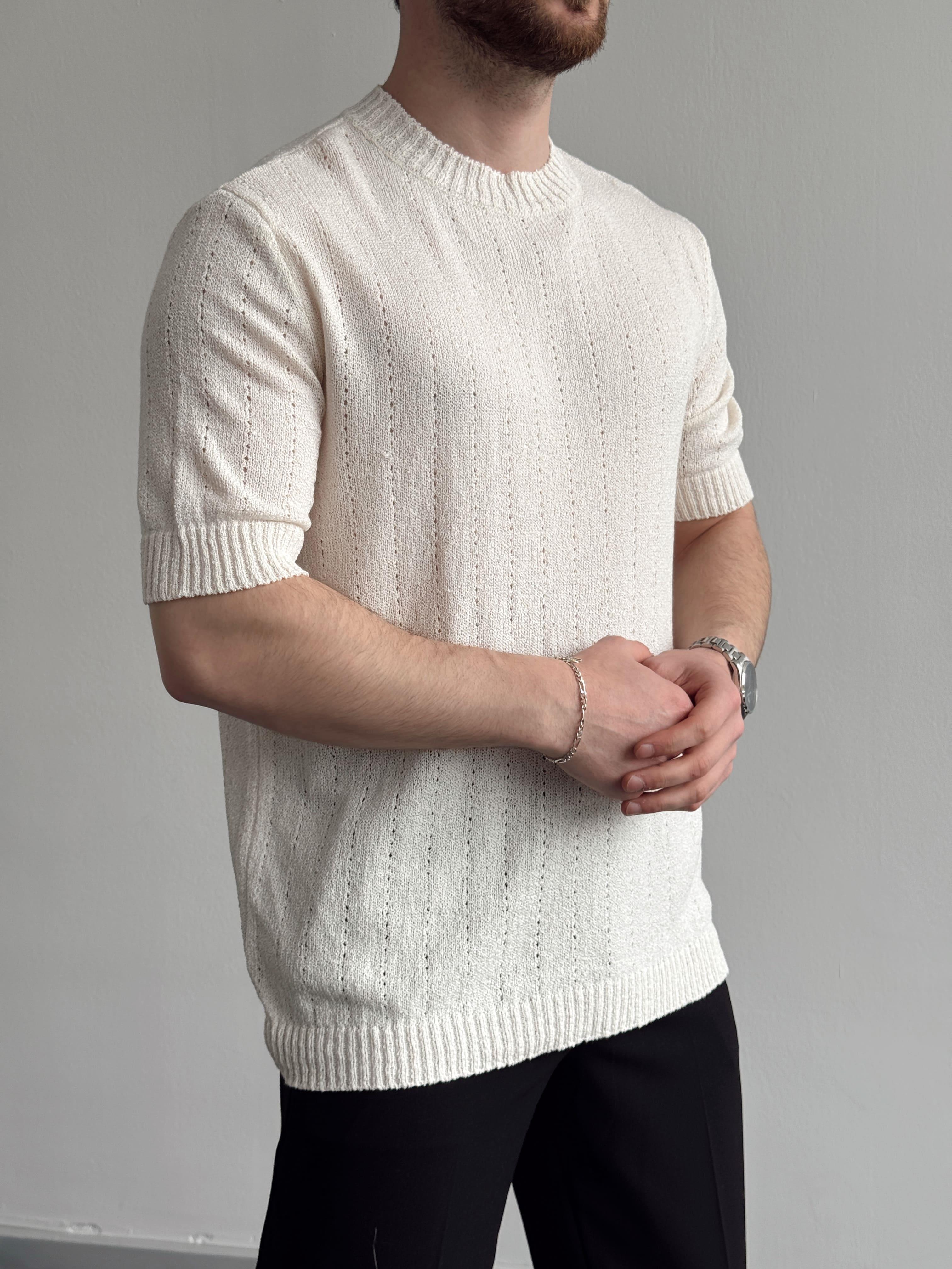 Erkek Elit Seçim Oversize Kalıp Bisiklet Yaka Desenli Triko T-Shirt-Bej(E1336)