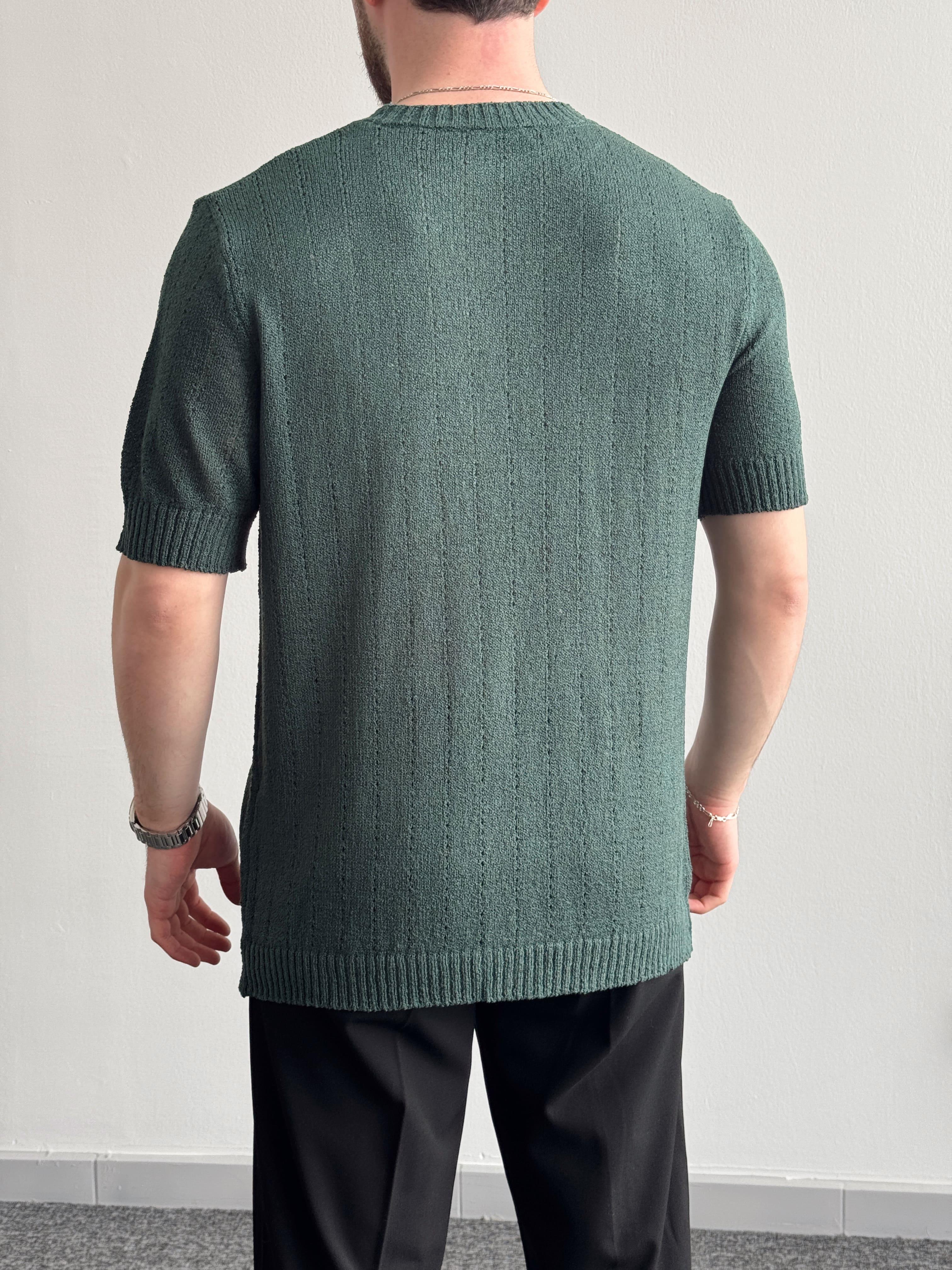 Erkek Elit Seçim Oversize Kalıp Bisiklet Yaka Desenli Triko T-Shirt-Zümrüt(E1336)