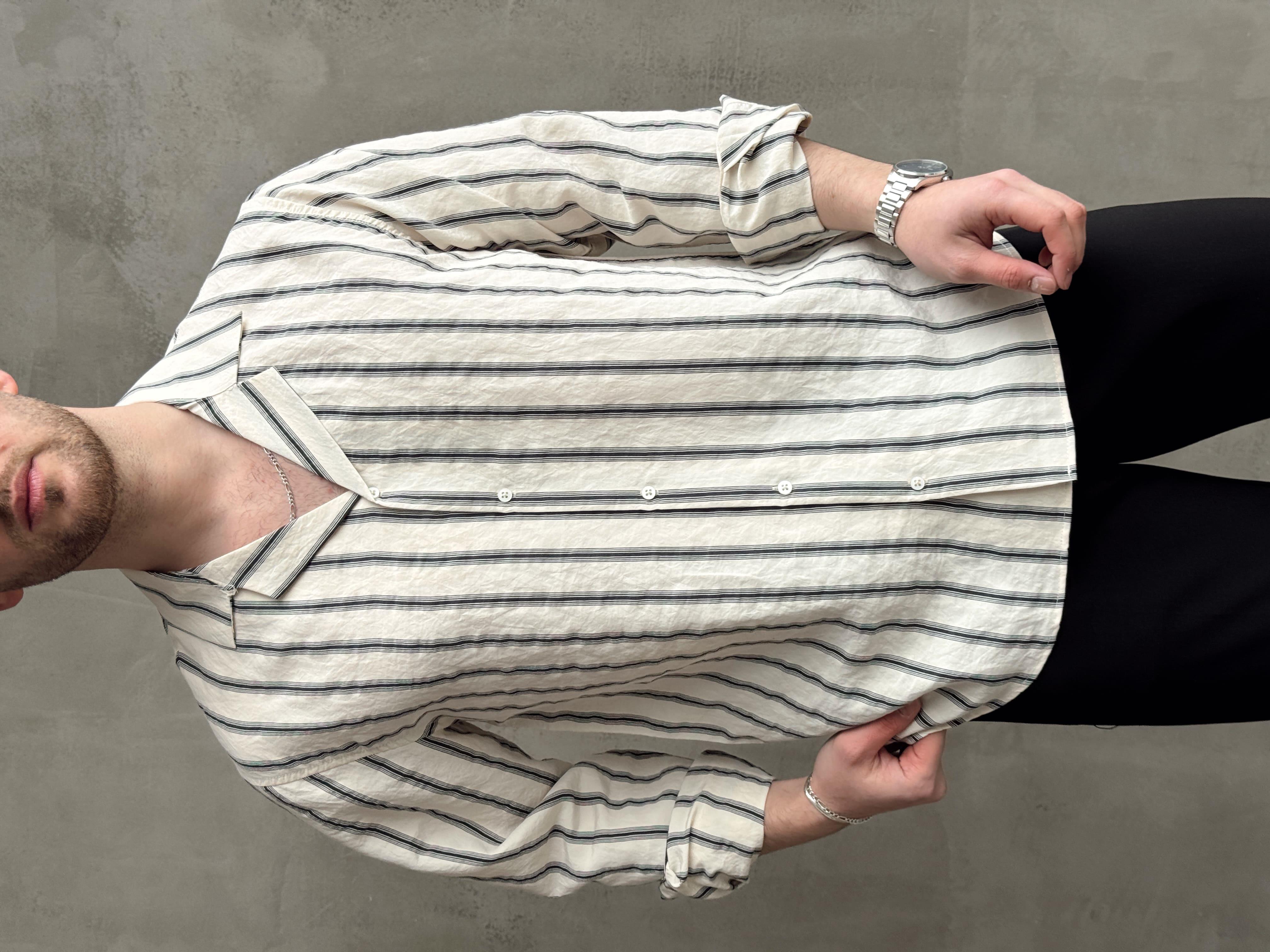 Erkek Elit Seçim Oversize Kalıp Çizgi Detaylı Dökümlü Kumaş Gömlek-Bej(E1643)Ketench