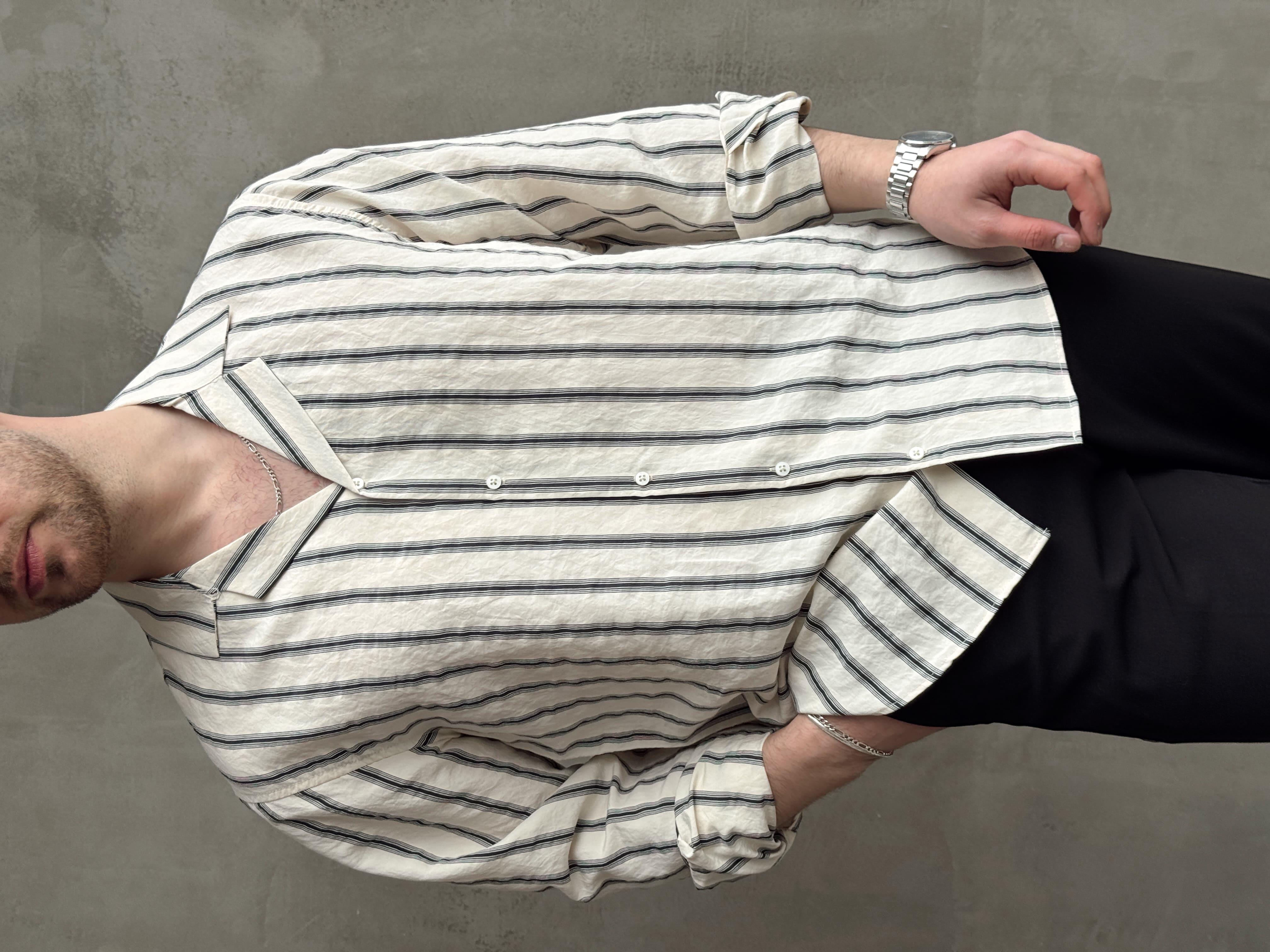 Erkek Elit Seçim Oversize Kalıp Çizgi Detaylı Dökümlü Kumaş Gömlek-Bej(E1643)