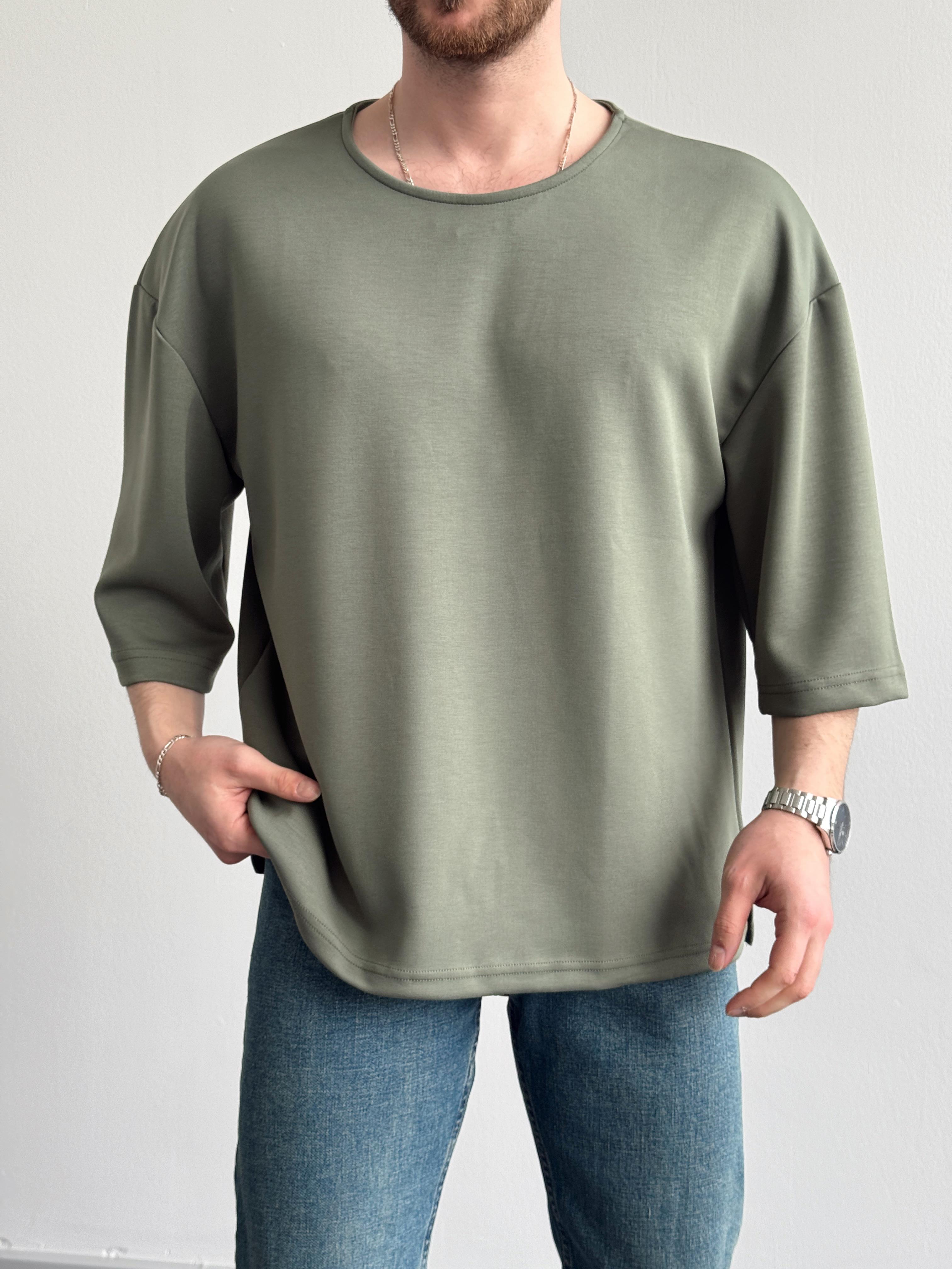 Erkek Elit Seçim Oversize Kalıp Fakir Kol Detay Düz T-Shirt-Yeşil(E1312)