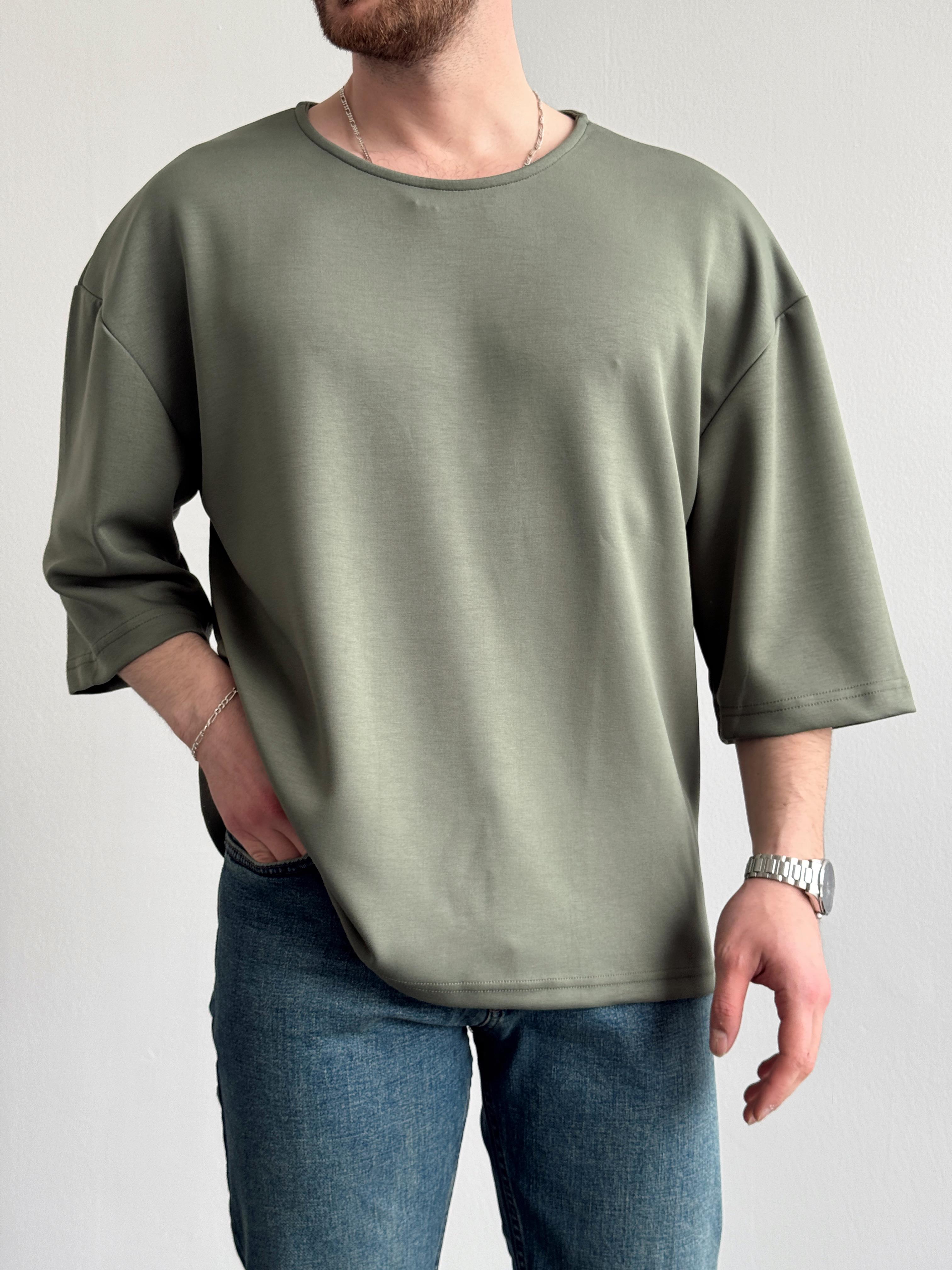 Erkek Elit Seçim Oversize Kalıp Fakir Kol Detay Düz T-Shirt-Yeşil(E1312)Ketench