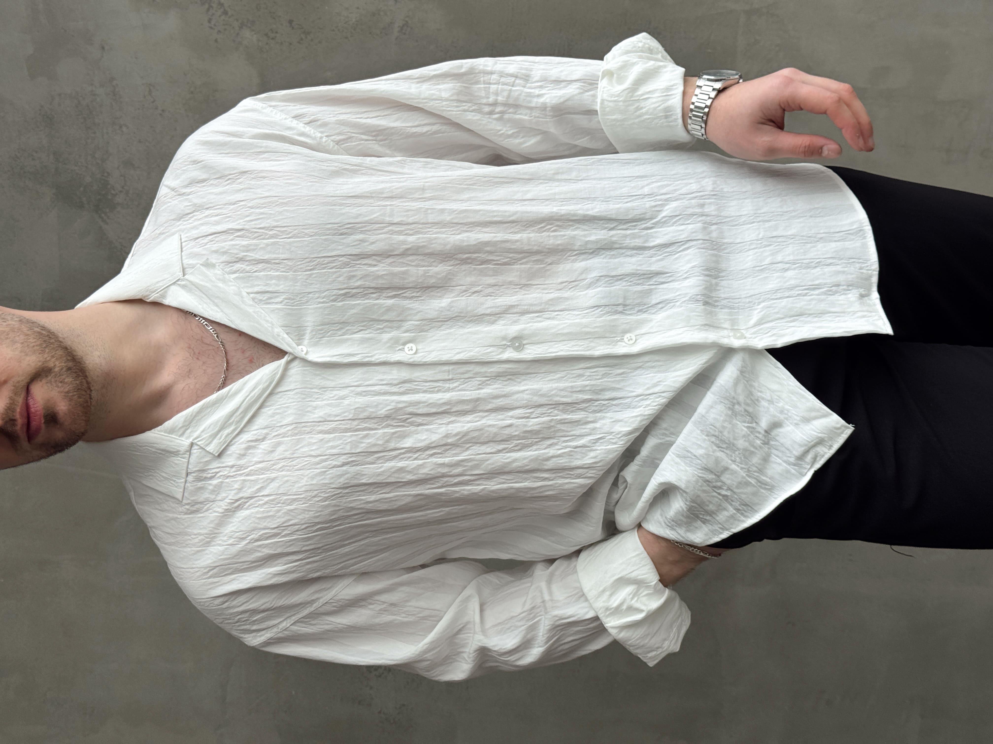 Erkek Elit Seçim Oversize Kalıp Şerit Detaylı Krinkıl Kumaş Gömlek-Beyaz(E1644)