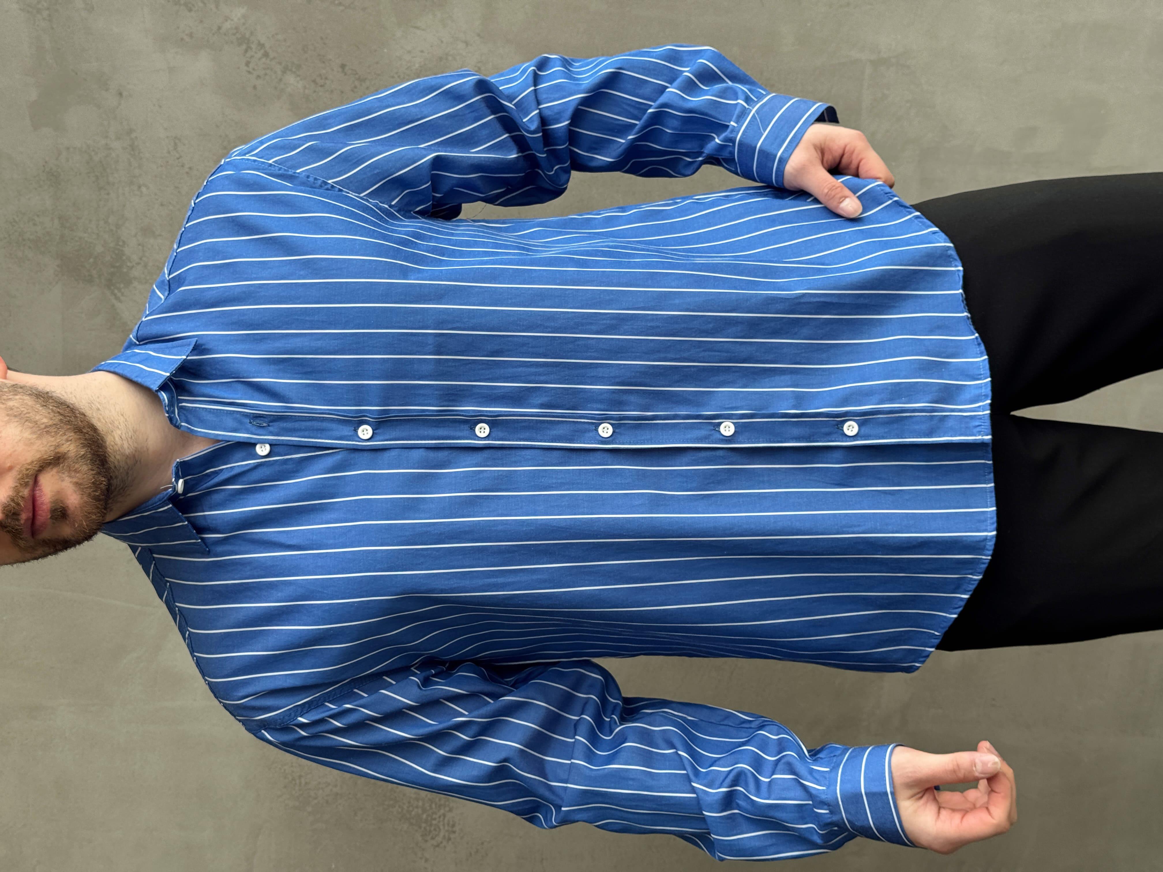 Erkek Elit Tasarım Oversize Kalıp Çizgi Detaylı Gömlek-Mavi(E1635)