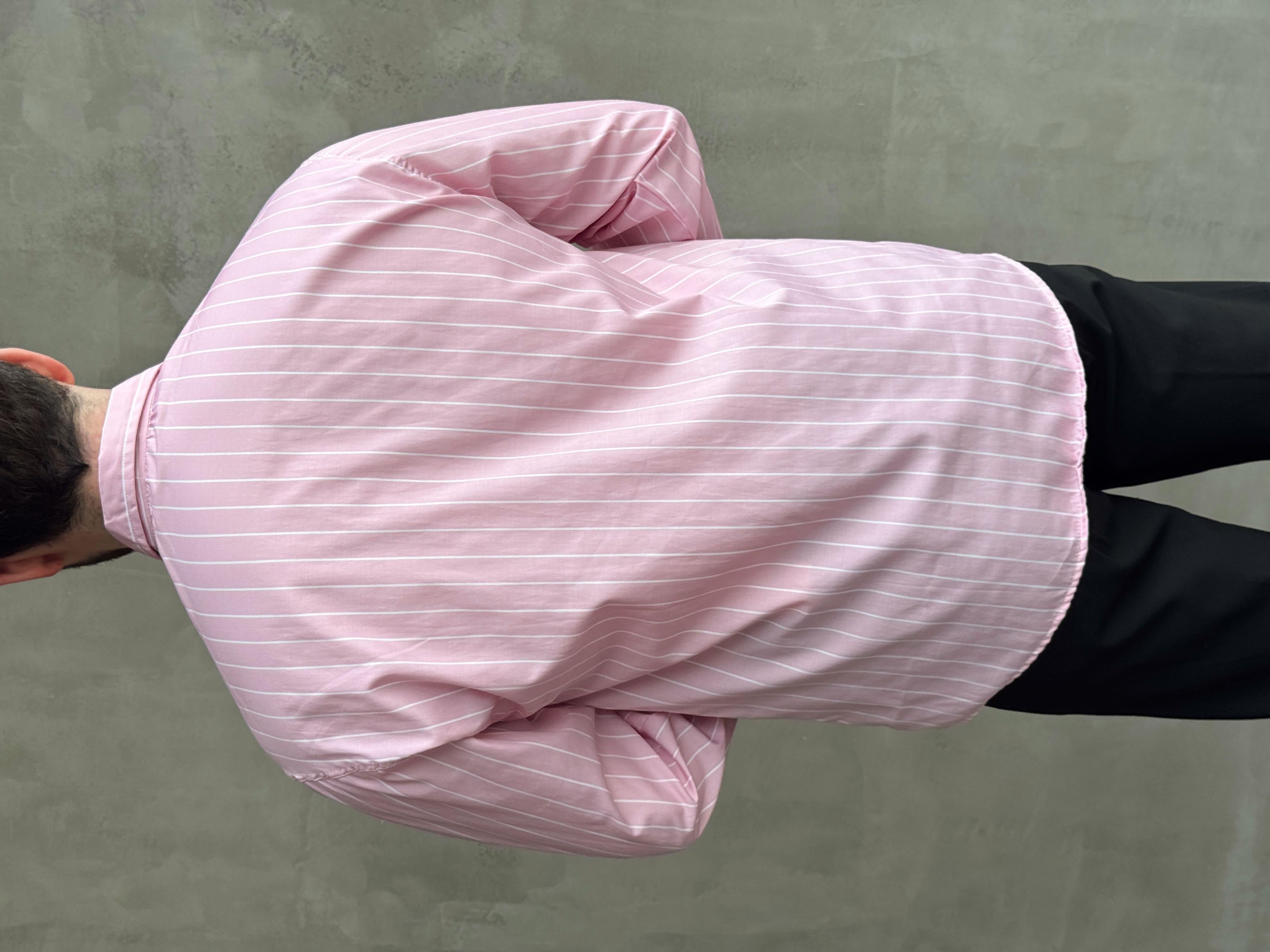 Erkek Elit Tasarım Oversize Kalıp Çizgi Detaylı Gömlek-Pembe(E1635)