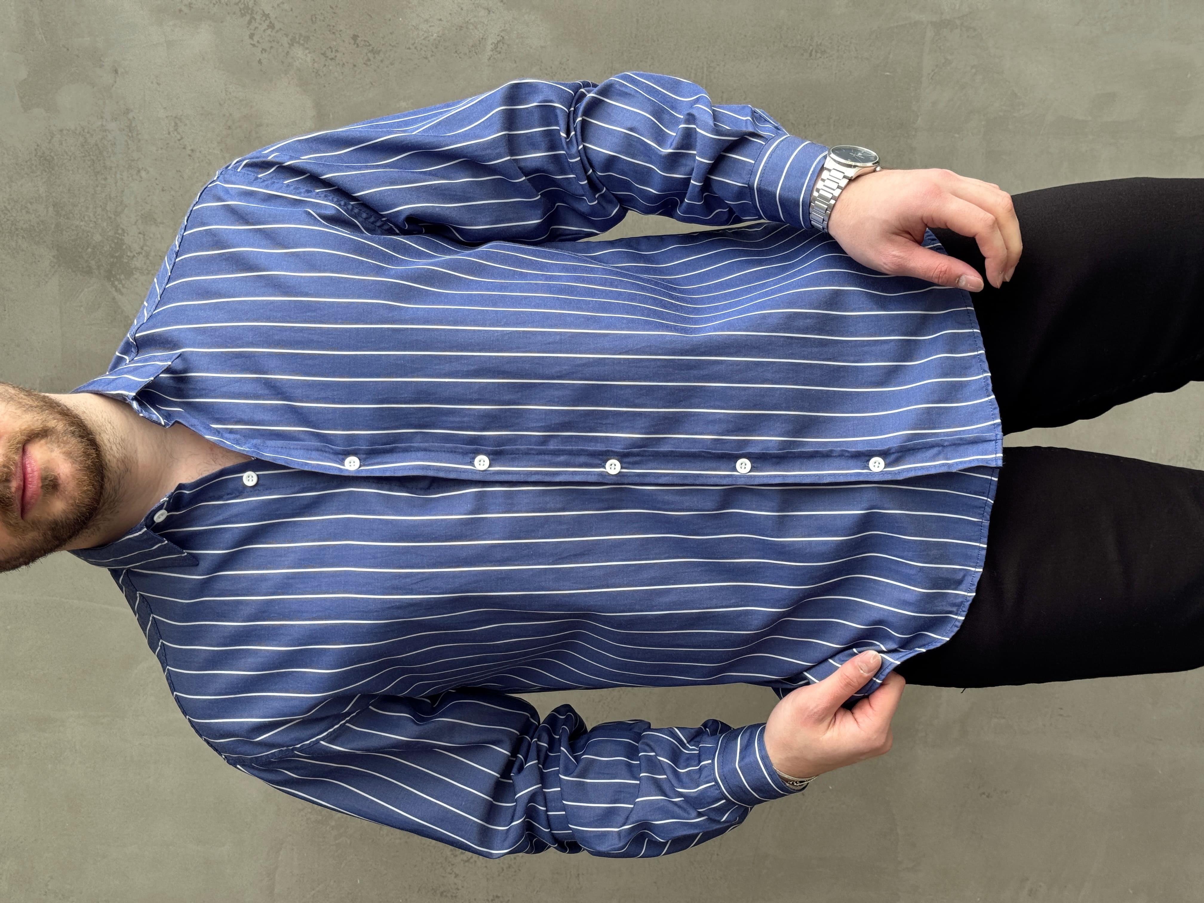Erkek Elit Tasarım Oversize Kalıp Çizgi Detaylı Gömlek-Lacivert(E1635)Ketench
