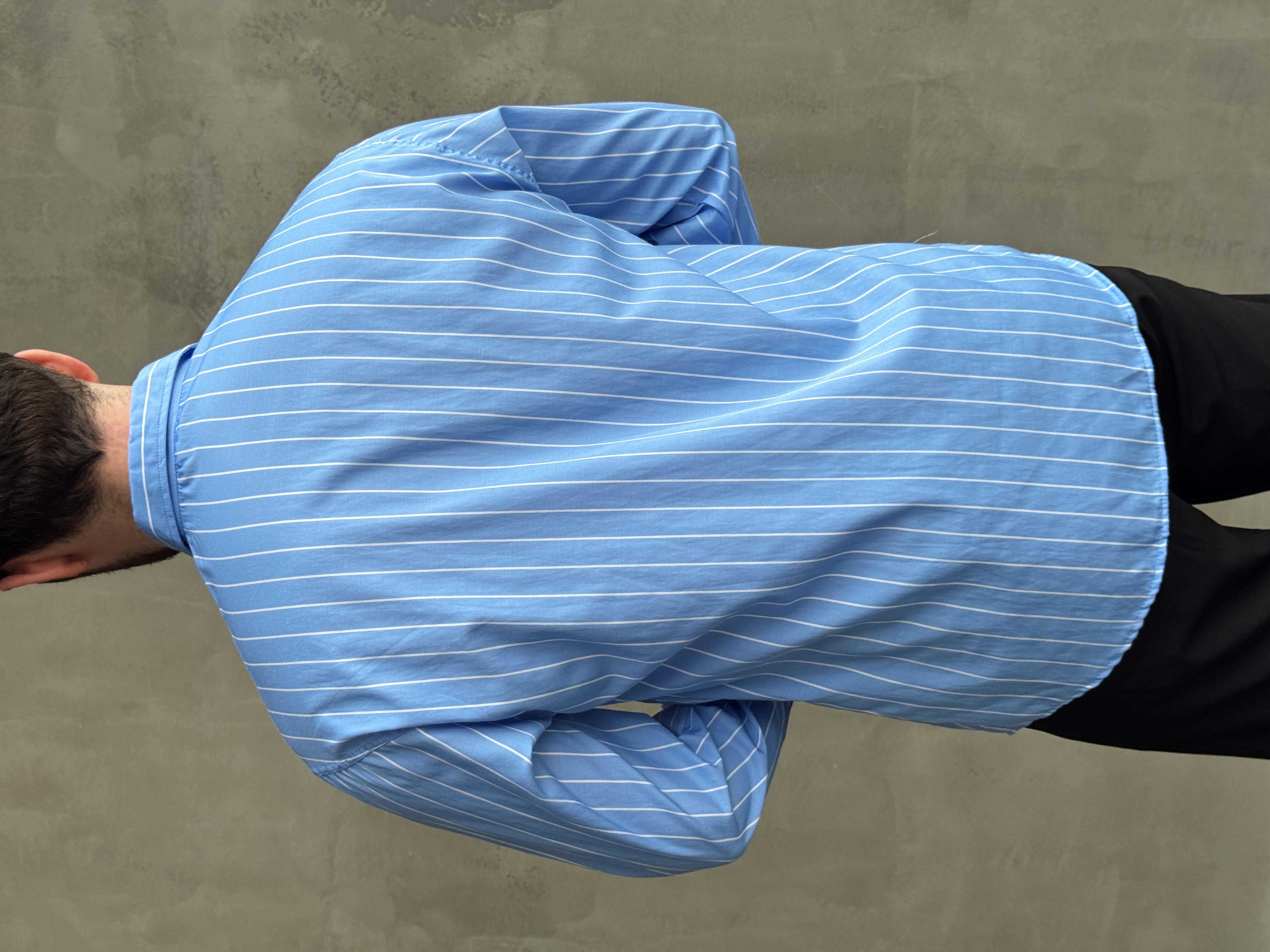 Erkek Elit Tasarım Oversize Kalıp Çizgi Detaylı Gömlek-Bebe Mavi(E1635)