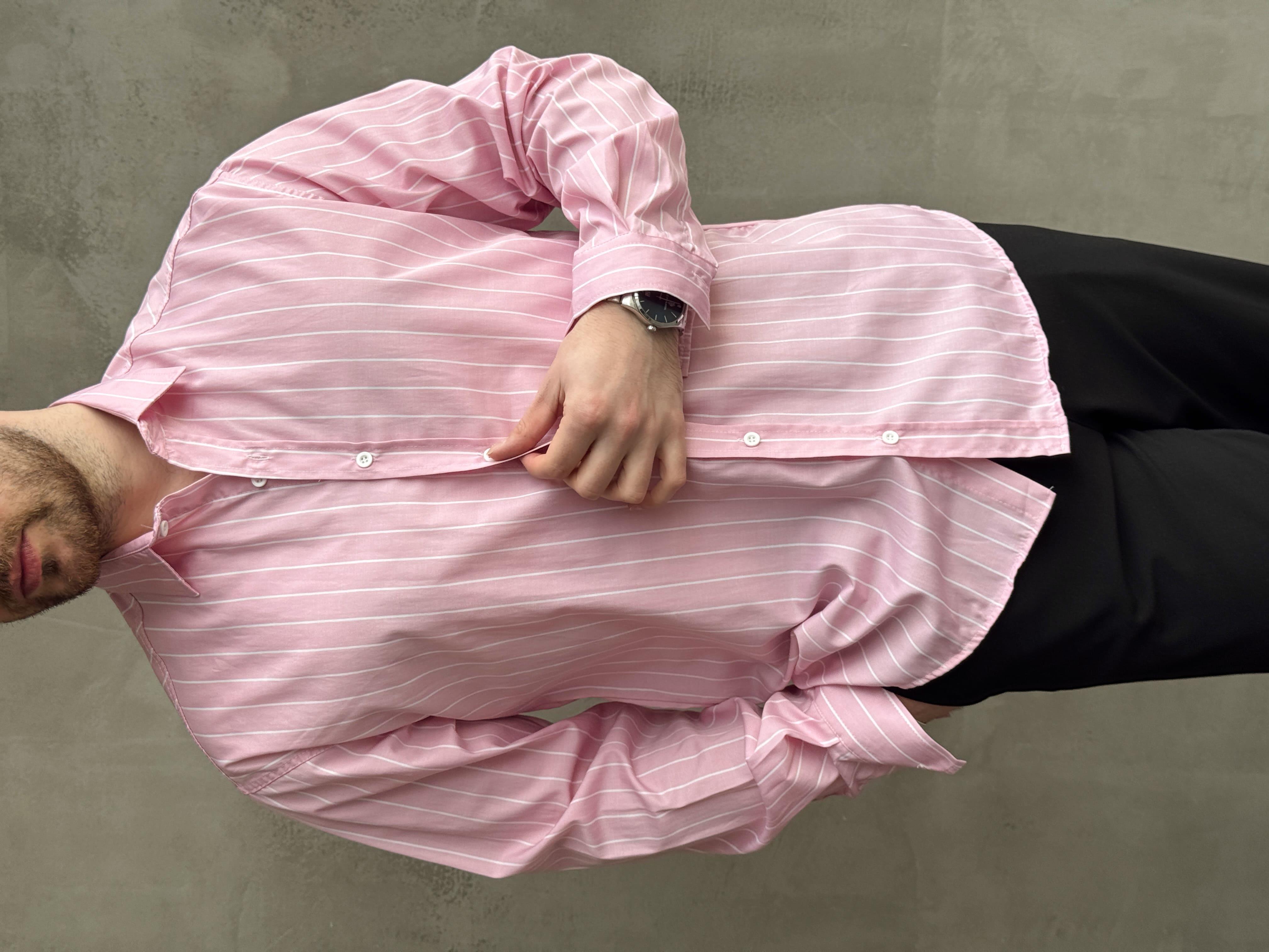 Erkek Elit Tasarım Oversize Kalıp Çizgi Detaylı Gömlek-Pembe(E1635)