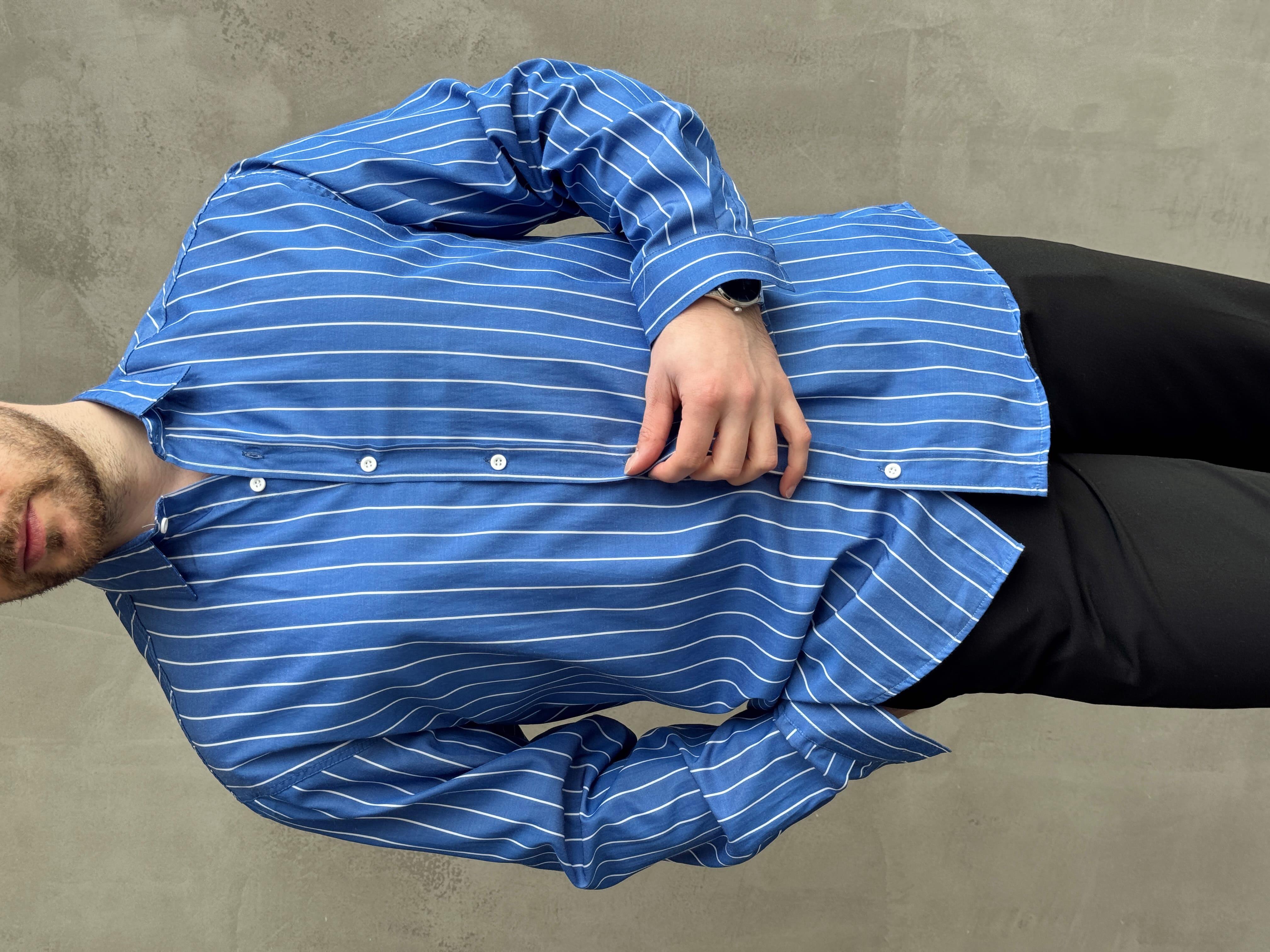 Erkek Elit Tasarım Oversize Kalıp Çizgi Detaylı Gömlek-Mavi(E1635)