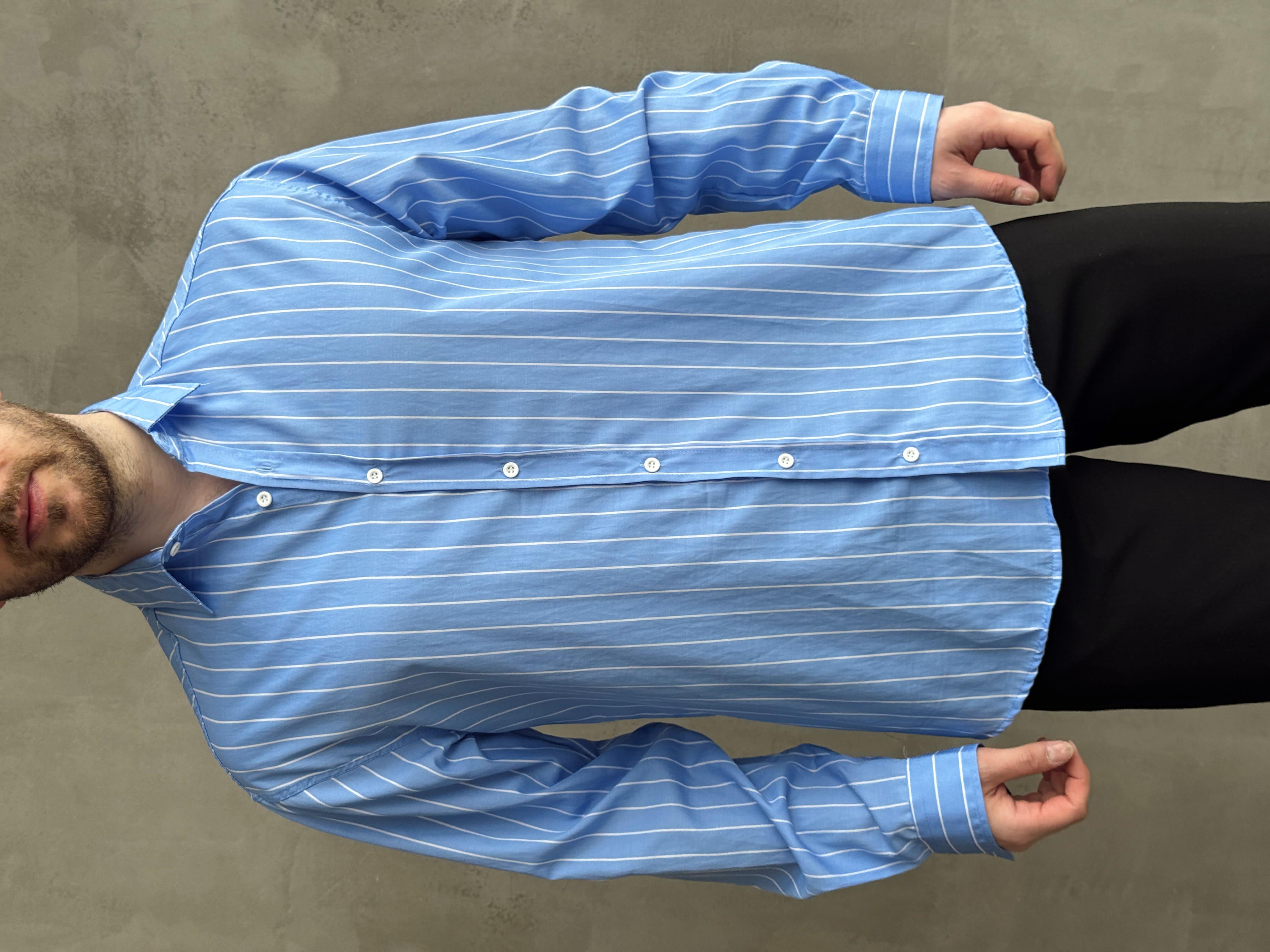 Erkek Elit Tasarım Oversize Kalıp Çizgi Detaylı Gömlek-Bebe Mavi(E1635)