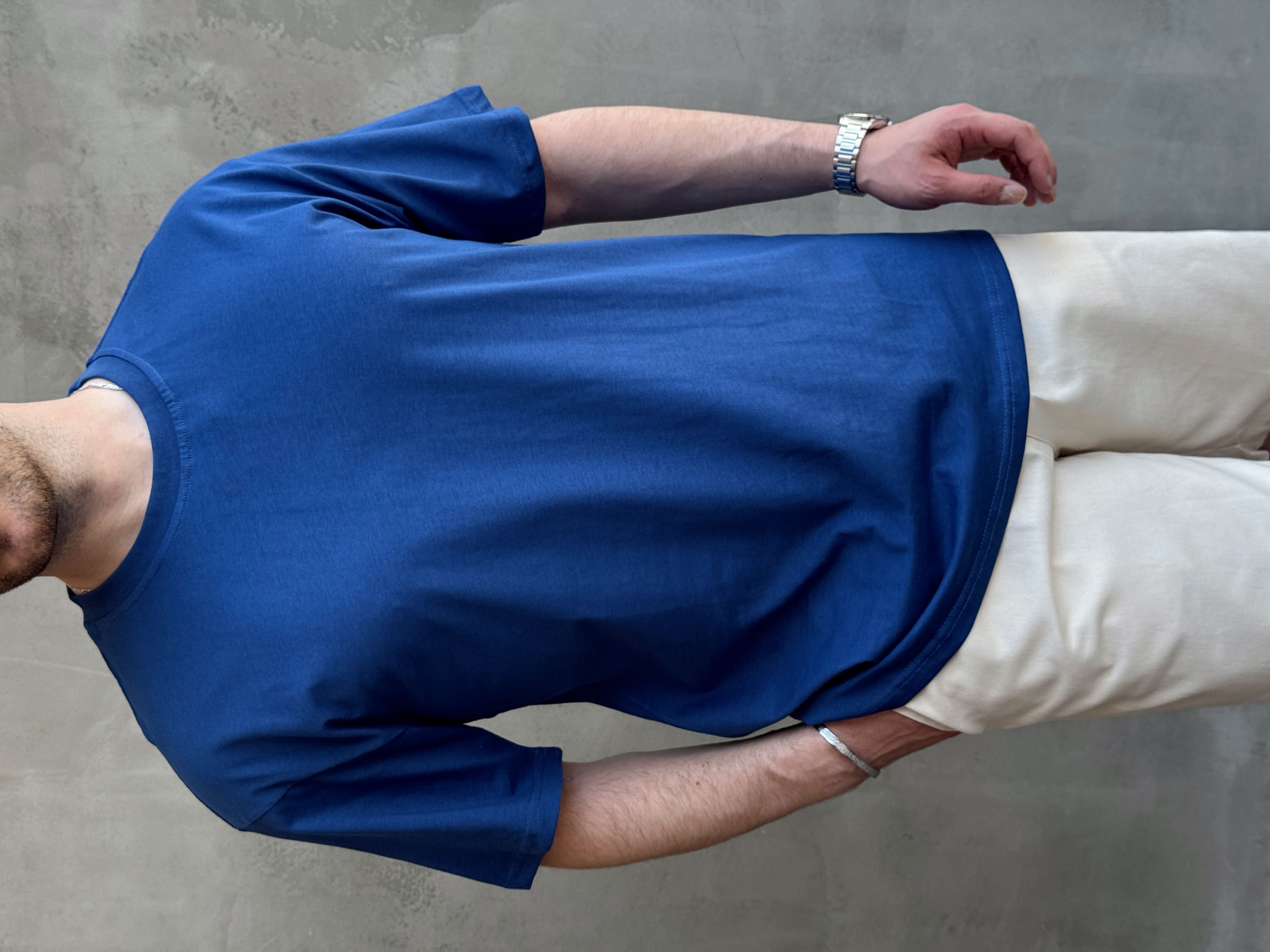 Erkek En Trend Oversize Kalıp Bisiklet Yaka Basic T-Shirt-Mavi(E1758)
