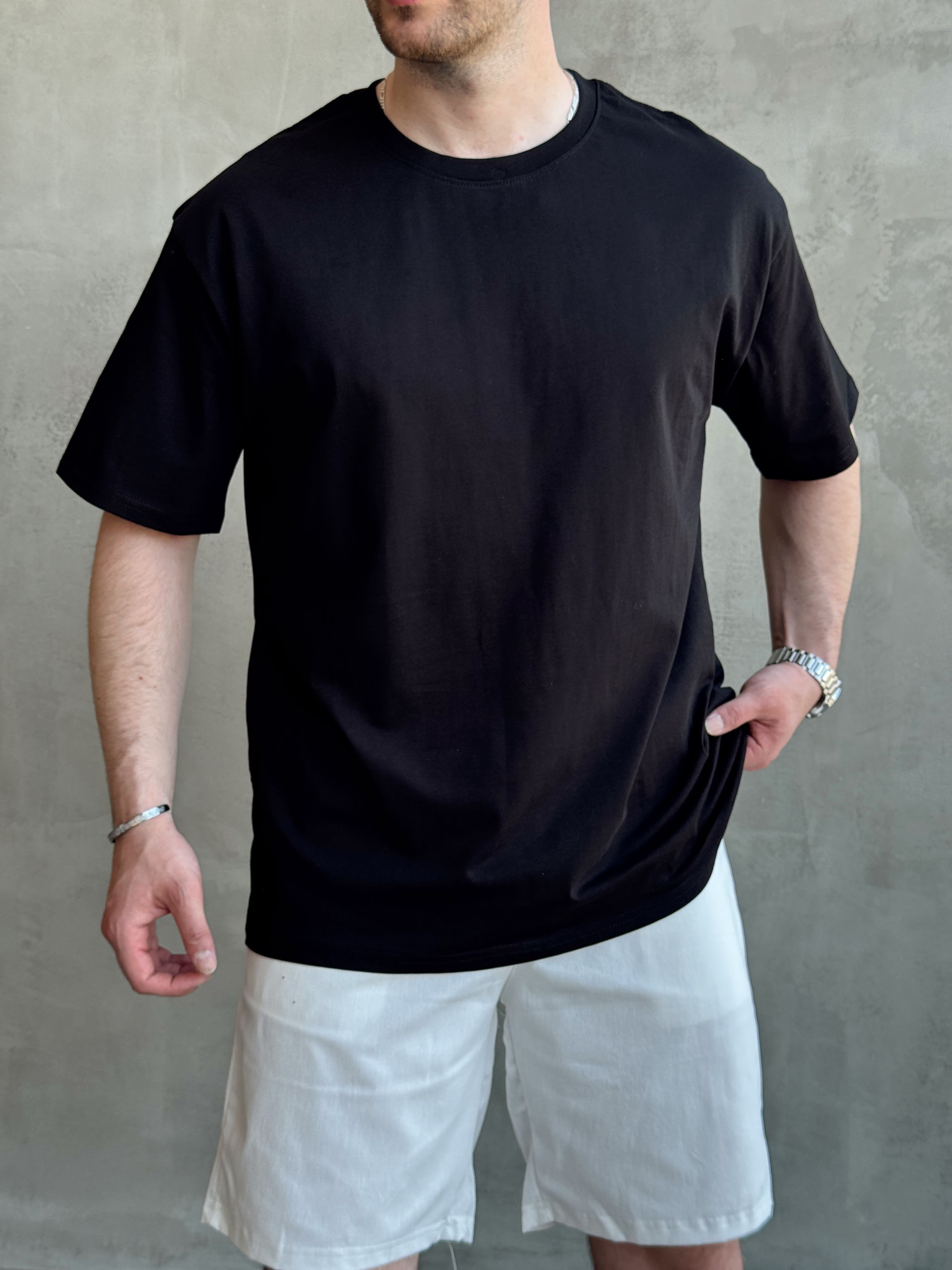 Erkek En Trend Oversize Kalıp Bisiklet Yaka Basic T-Shirt-Siyah(E1758)Ketench
