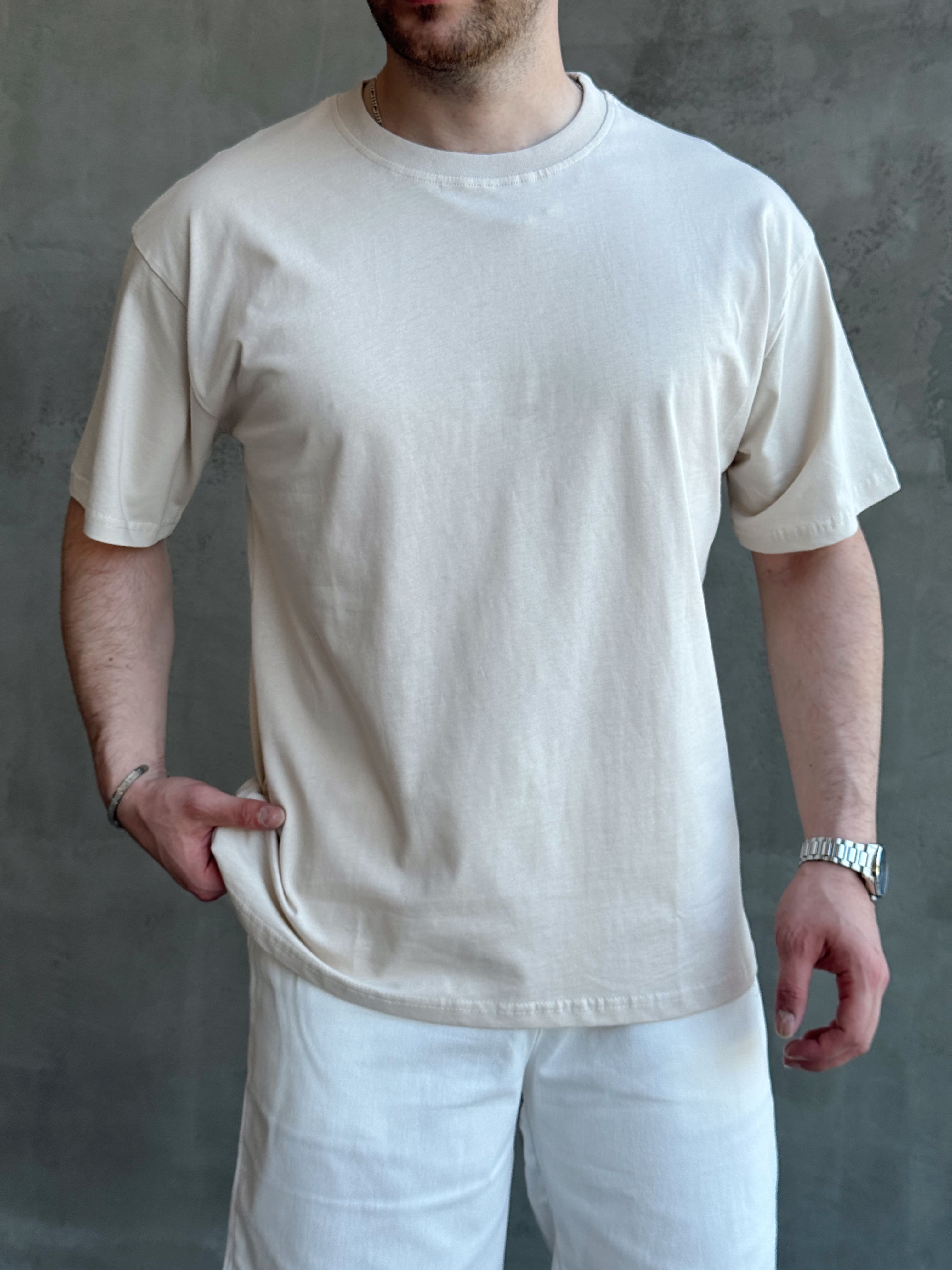Erkek En Trend Oversize Kalıp Bisiklet Yaka Basic T-Shirt-Bej(E1758)Ketench