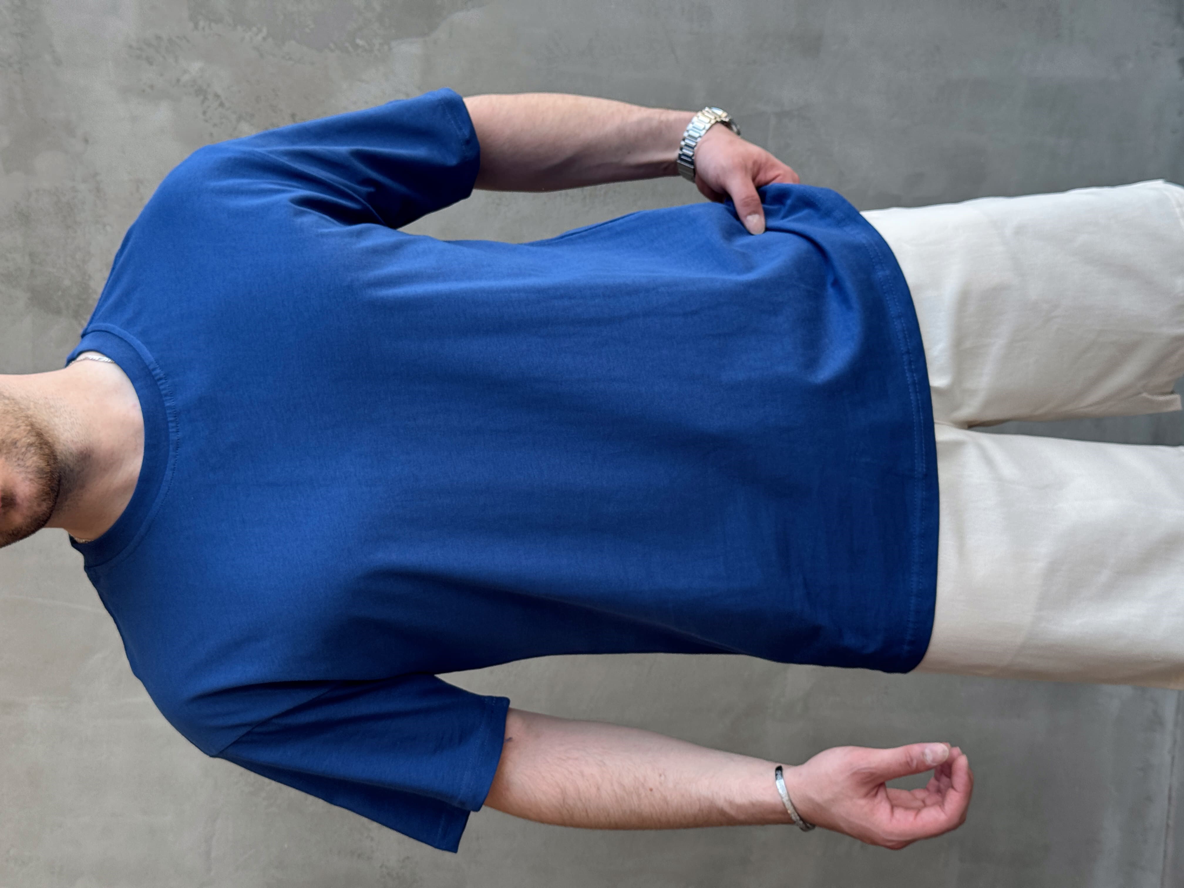 Erkek En Trend Oversize Kalıp Bisiklet Yaka Basic T-Shirt-Mavi(E1758)