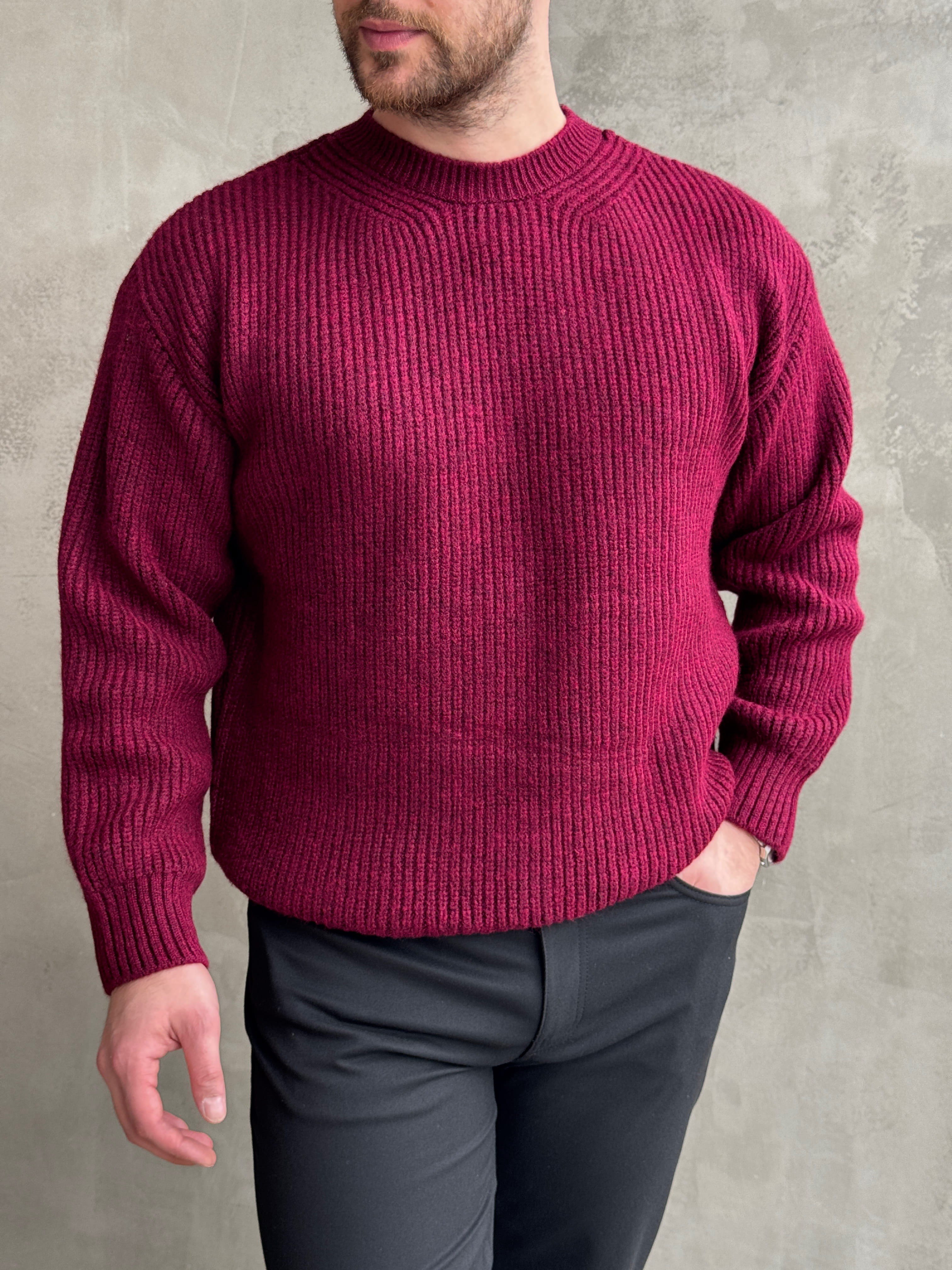 Erkek Favori Model Oversize Kalıp Brazilian Örgü Yüksek Gramajlı Bisiklet Yaka Triko Kazak-Bordo(E1895)