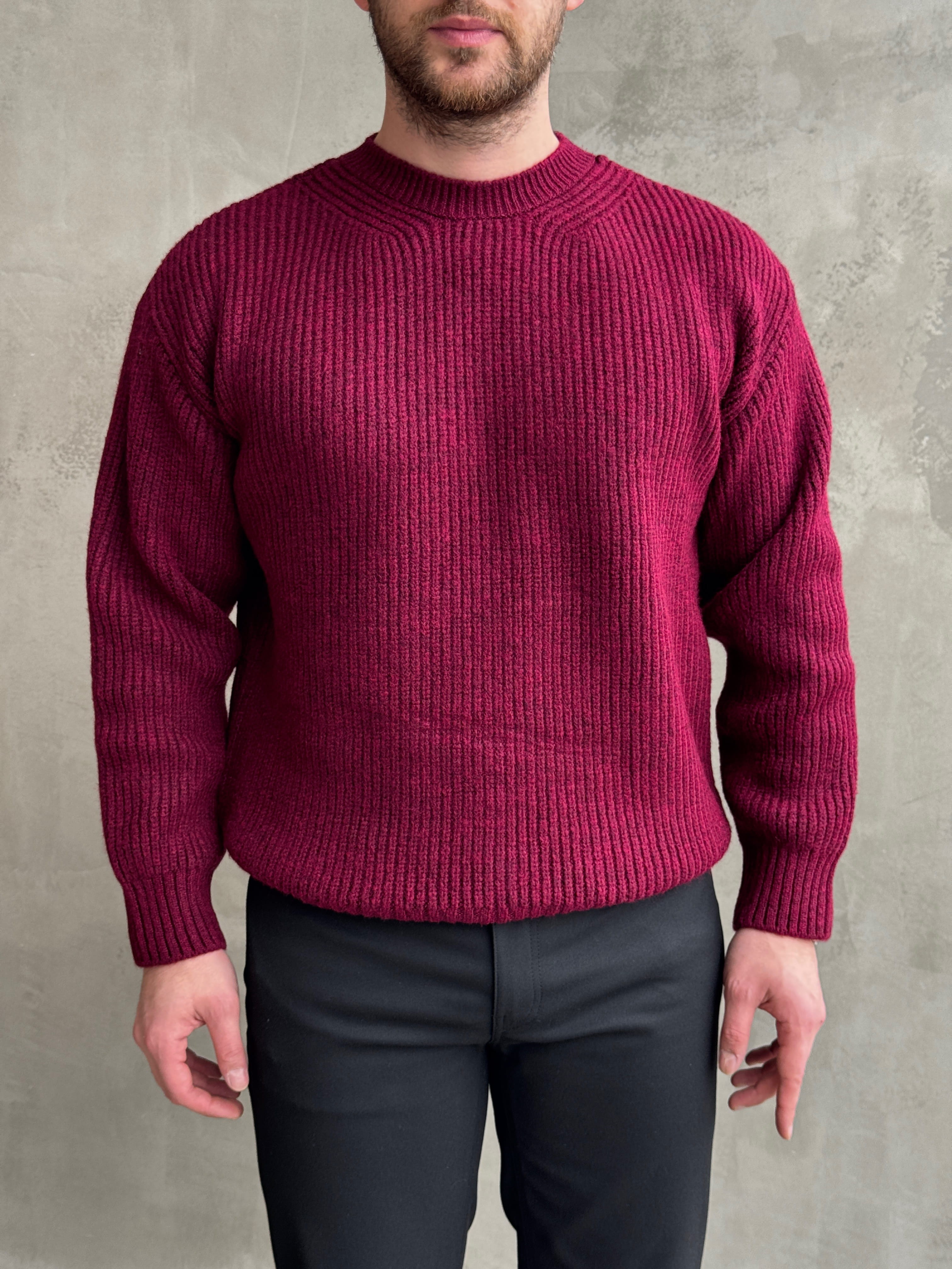 Erkek Favori Model Oversize Kalıp Brazilian Örgü Yüksek Gramajlı Bisiklet Yaka Triko Kazak-Bordo(E1895)