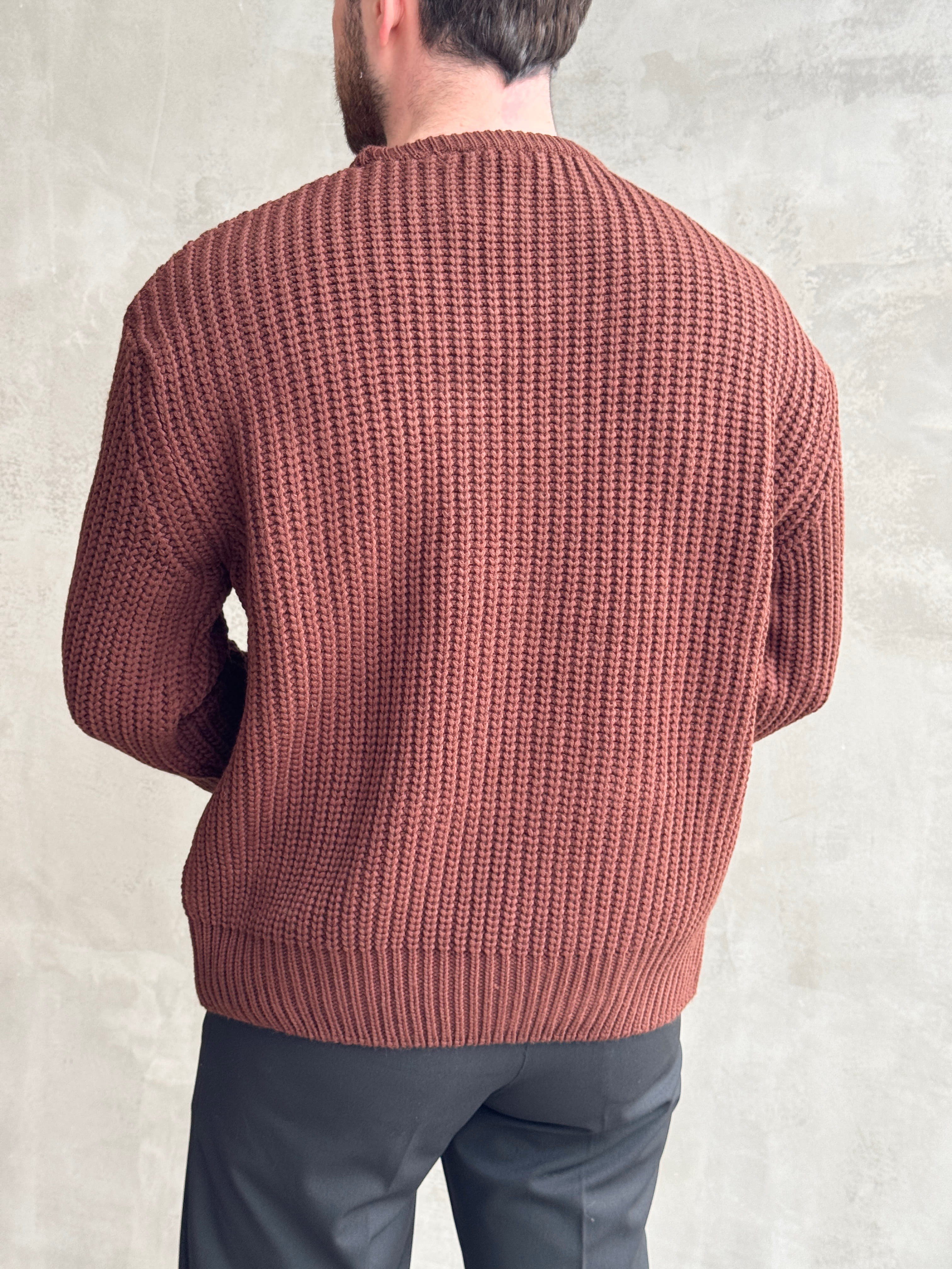 Erkek Favori Model Oversize Kalıp Relax Orgü Bisiklet Yaka Triko Kazak-Kahverengi(E1894)