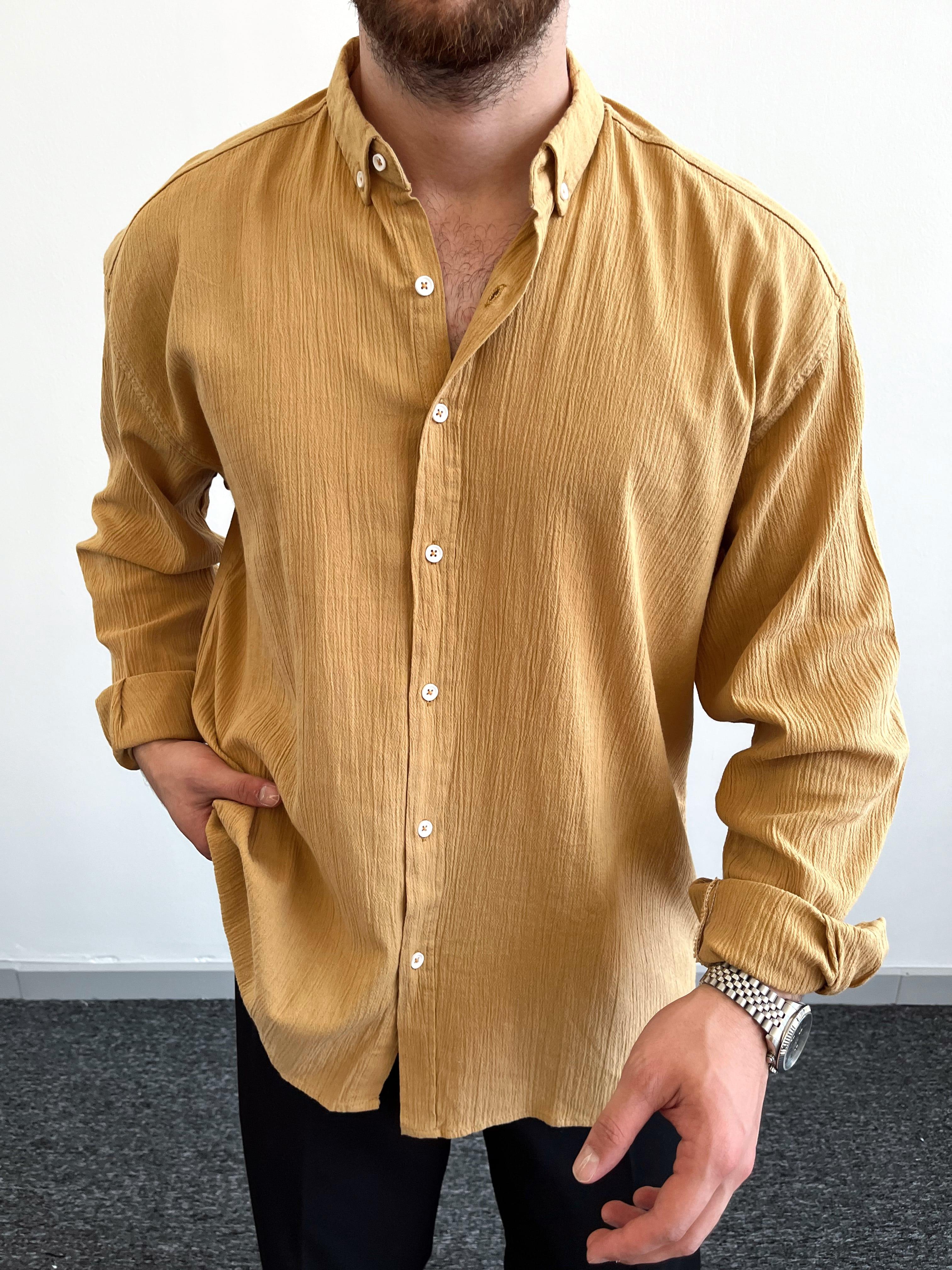 Erkek Giesto Kırınkıl Kumaş Oversize Gömlek-Hardal(E1086)Ketench