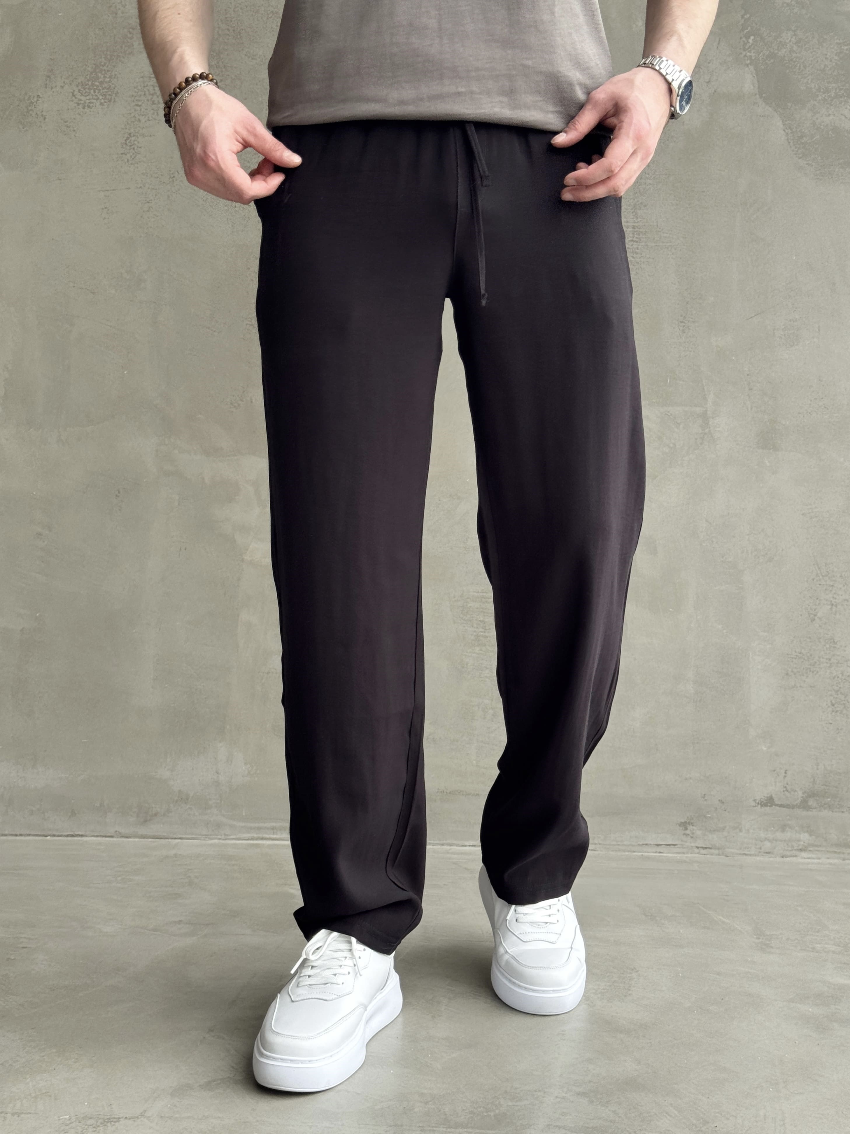 Erkek Günlük Kullanım Beli Lastikli Bağcık Detay Baggy Kalıp Modal Pamuk Karışımlı Pantolon-Siyah(E1733)