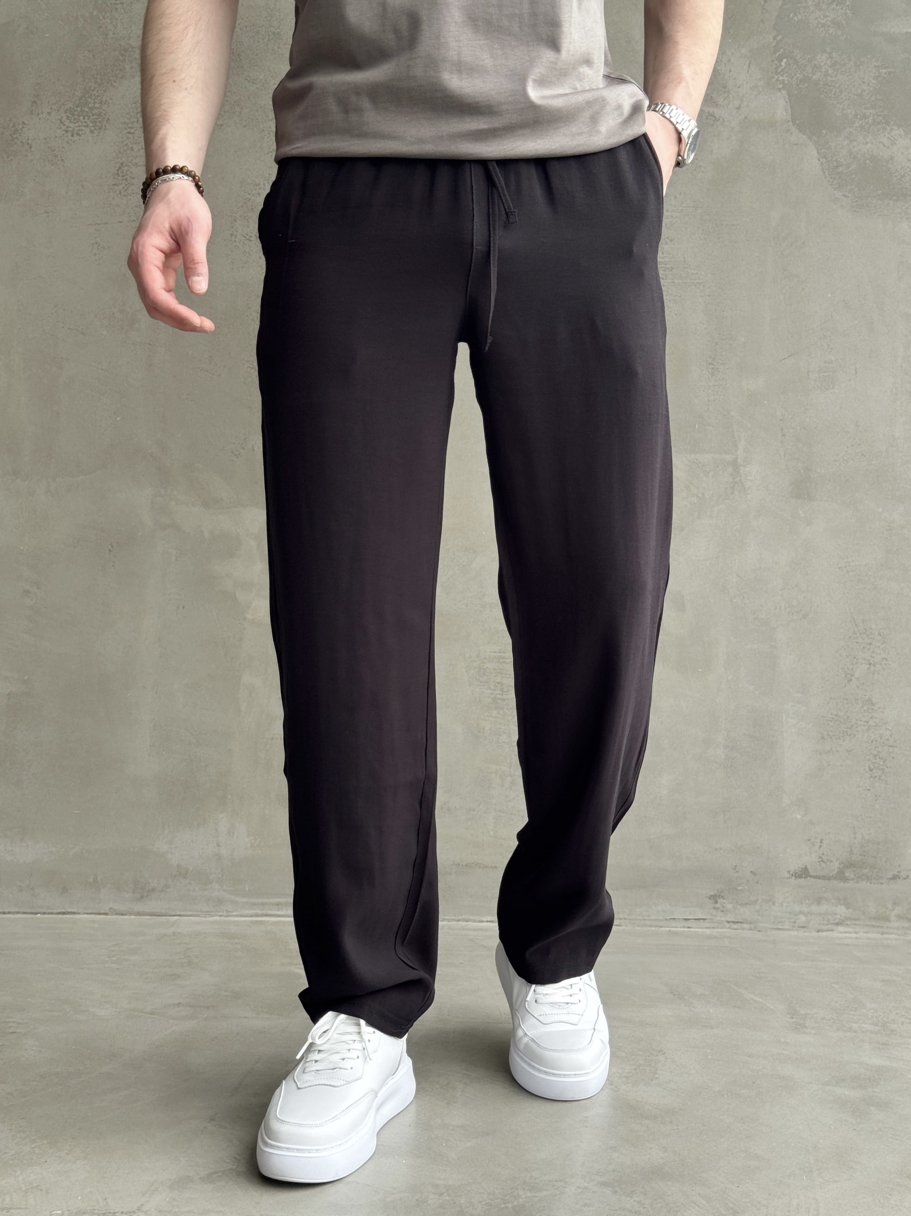 Erkek Günlük Kullanım Beli Lastikli Bağcık Detay Baggy Kalıp Modal Pamuk Karışımlı Pantolon-Siyah(E1733)Ketench