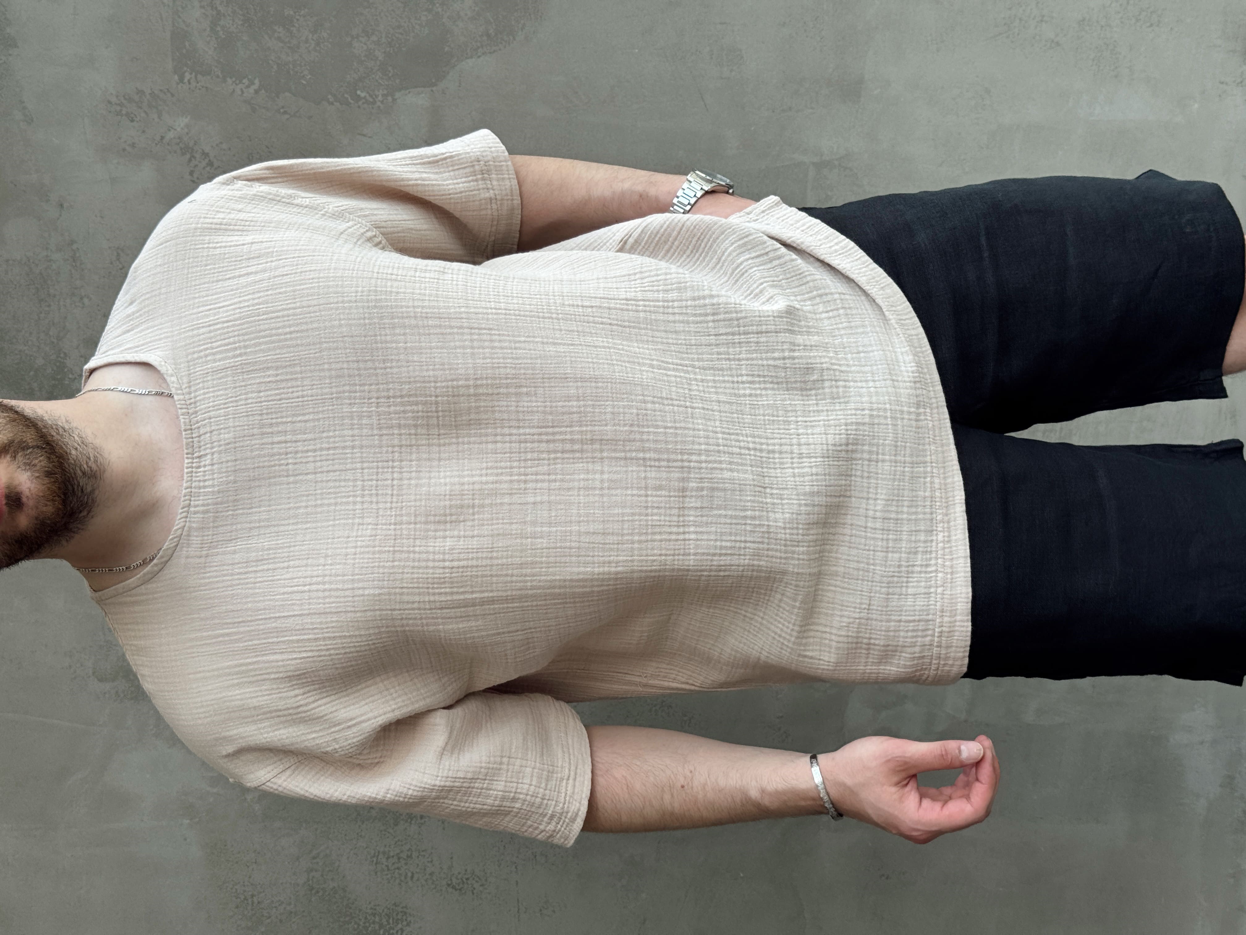 Erkek Günlük Kullanım Oversize Kalıp Muslin Kumaş Fakir Kol Basic T-Shirt-Bej(E1769)Ketench
