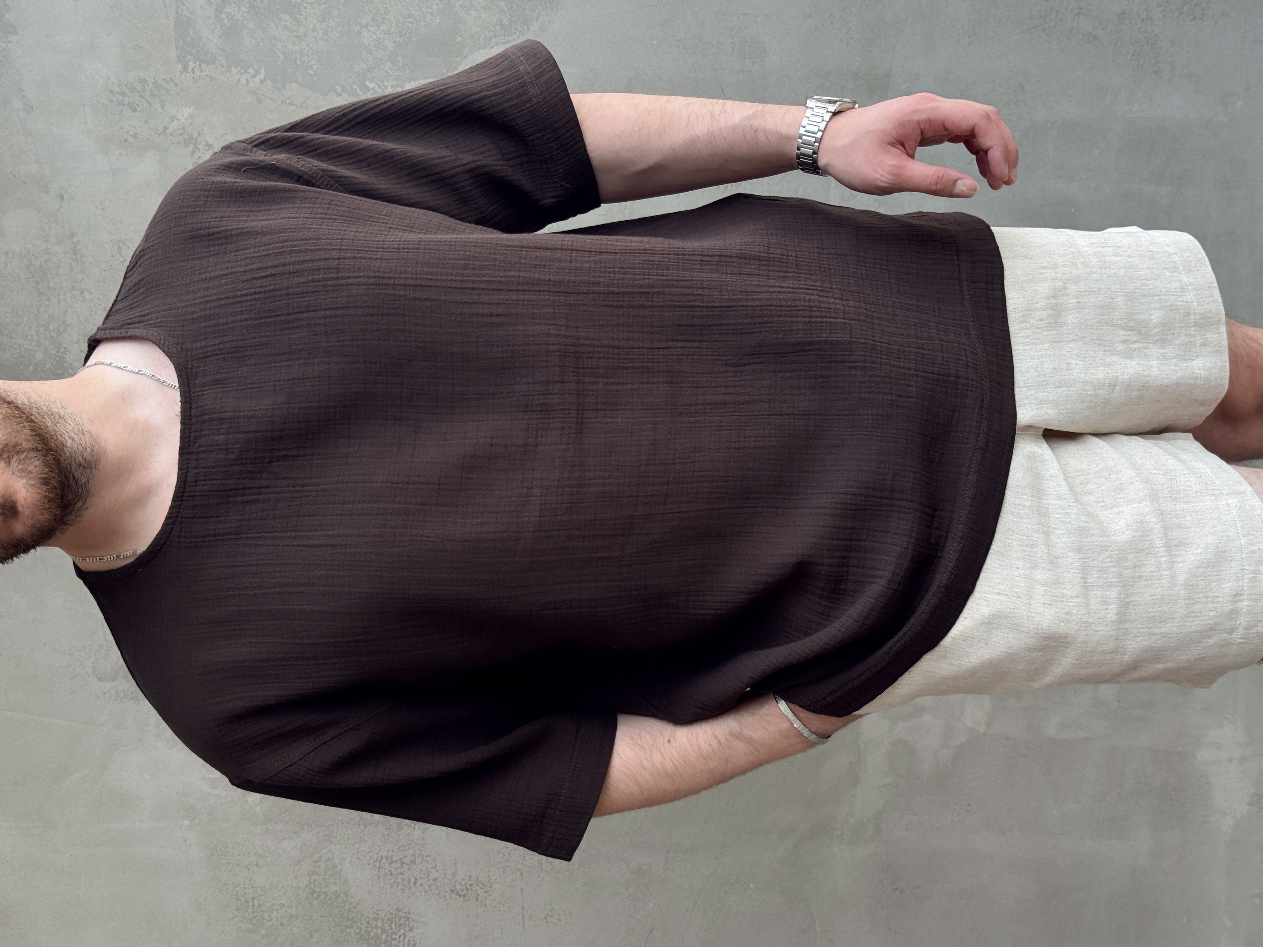 Erkek Günlük Kullanım Oversize Kalıp Muslin Kumaş Fakir Kol Basic T-Shirt-Kahverengi(E1769)Ketench