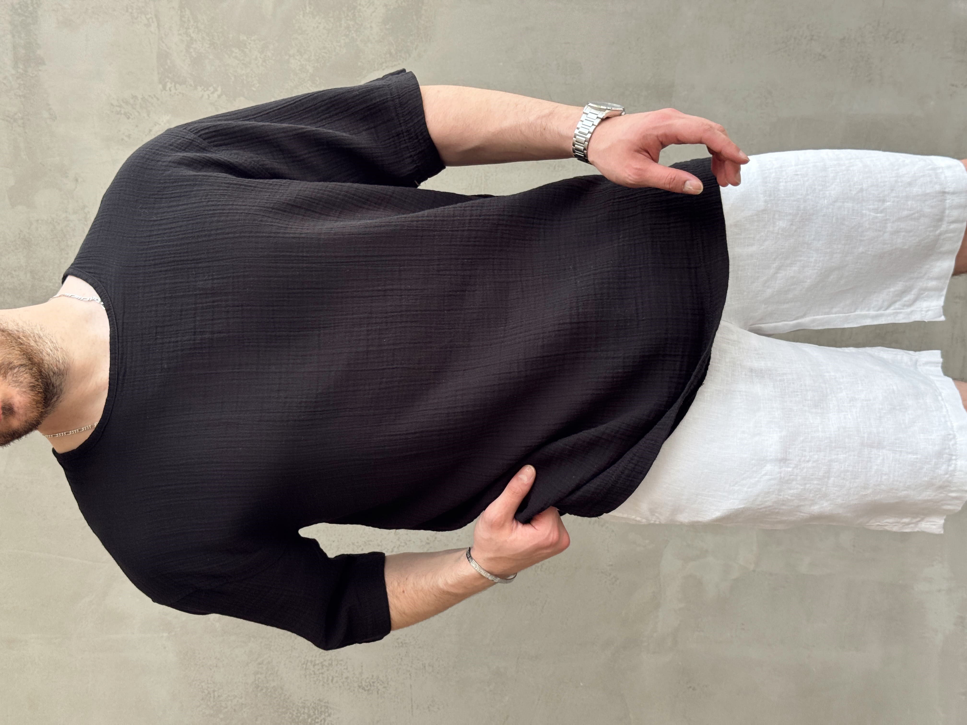 Erkek Günlük Kullanım Oversize Kalıp Muslin Kumaş Fakir Kol Basic T-Shirt-Siyah(E1769)