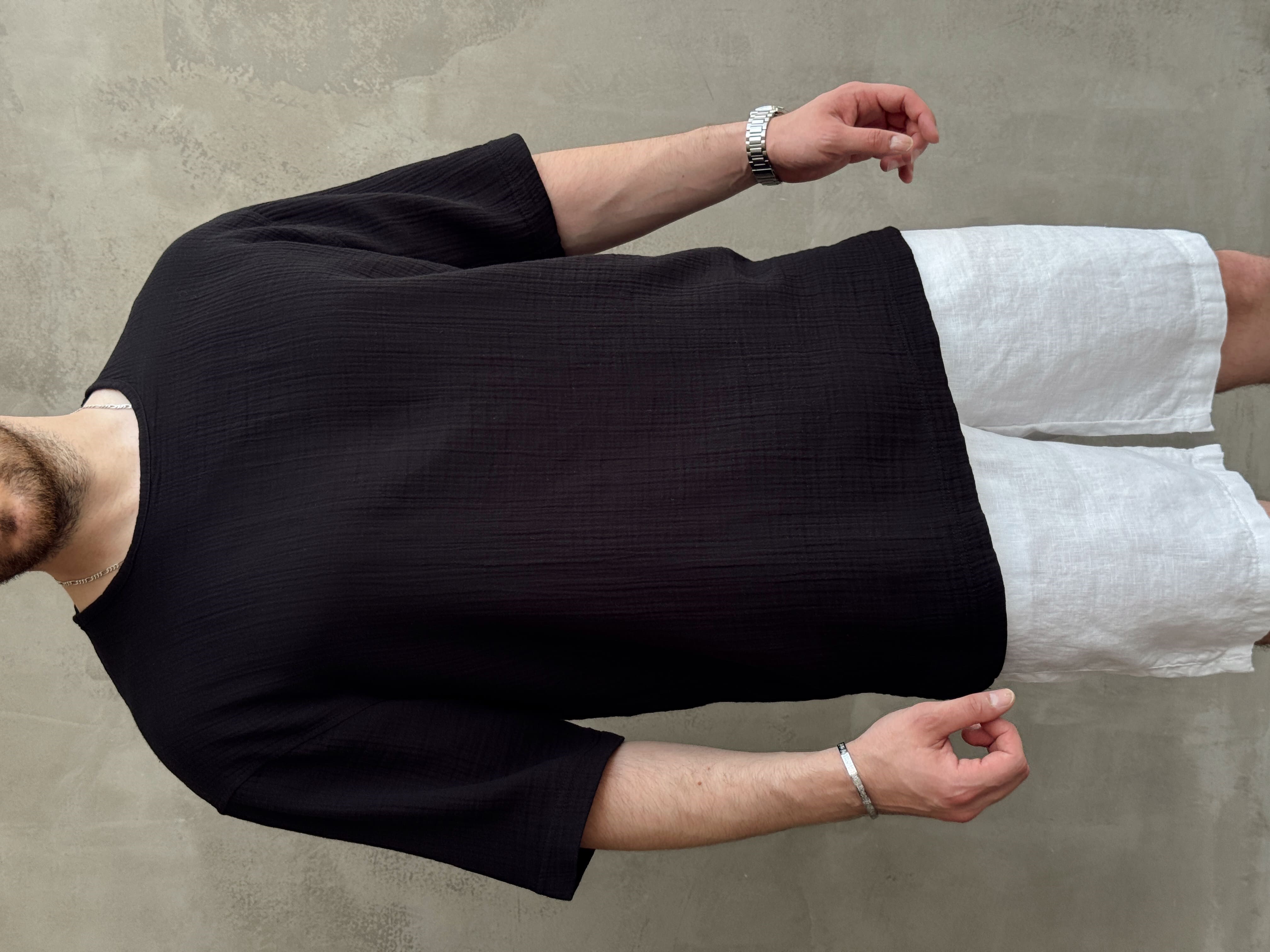 Erkek Günlük Kullanım Oversize Kalıp Muslin Kumaş Fakir Kol Basic T-Shirt-Siyah(E1769)