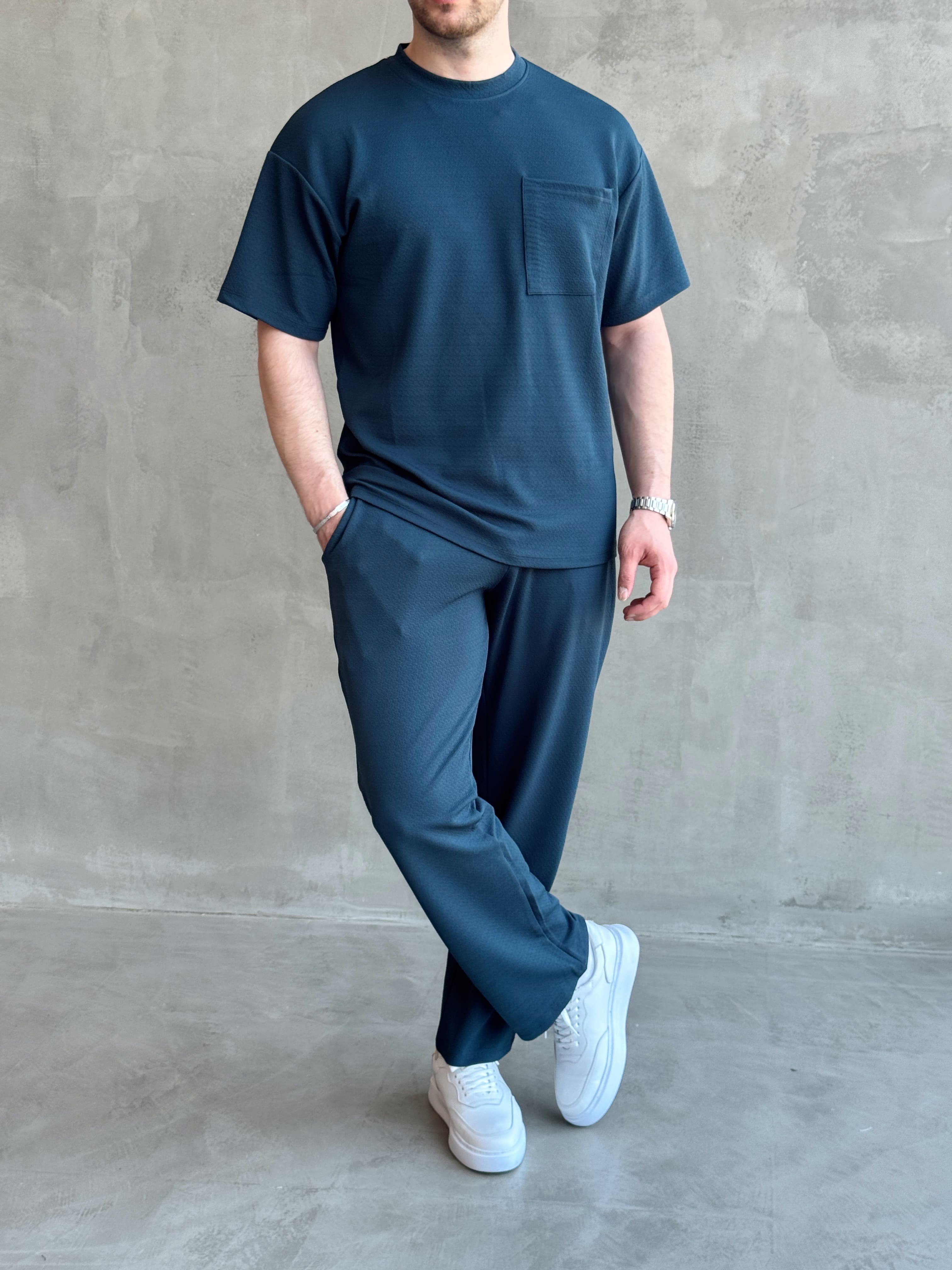 Erkek Günlük Oversize Kalıp T-Shirt ve Baggy Kalıp Eşofman Takım-Petrol(E1759)Ketench