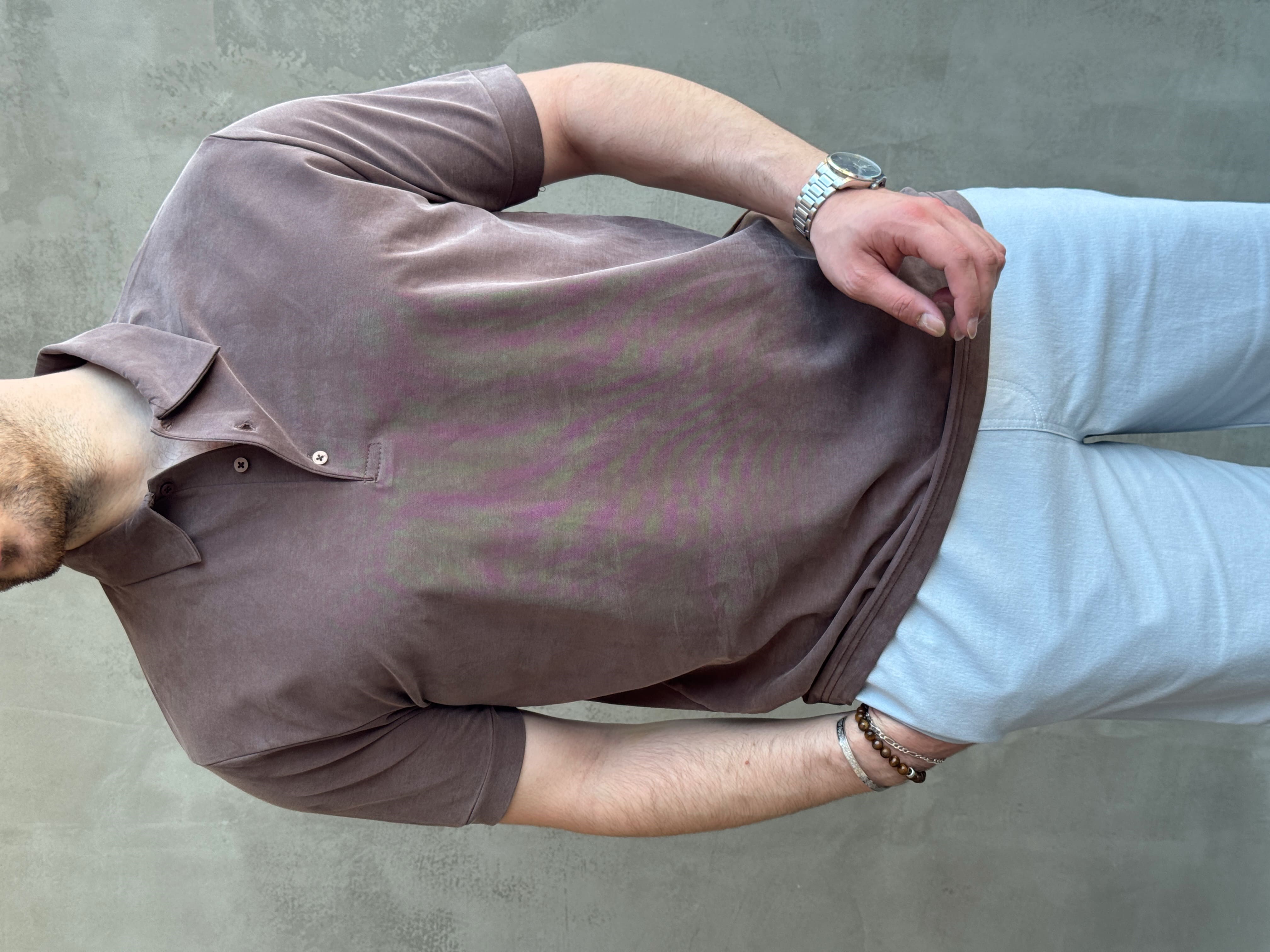 Erkek Kaliteli Kumaş Oversize Kalıp Düğme Detaylı Polo Yaka T-Shirt-Kahverengi(E1746)