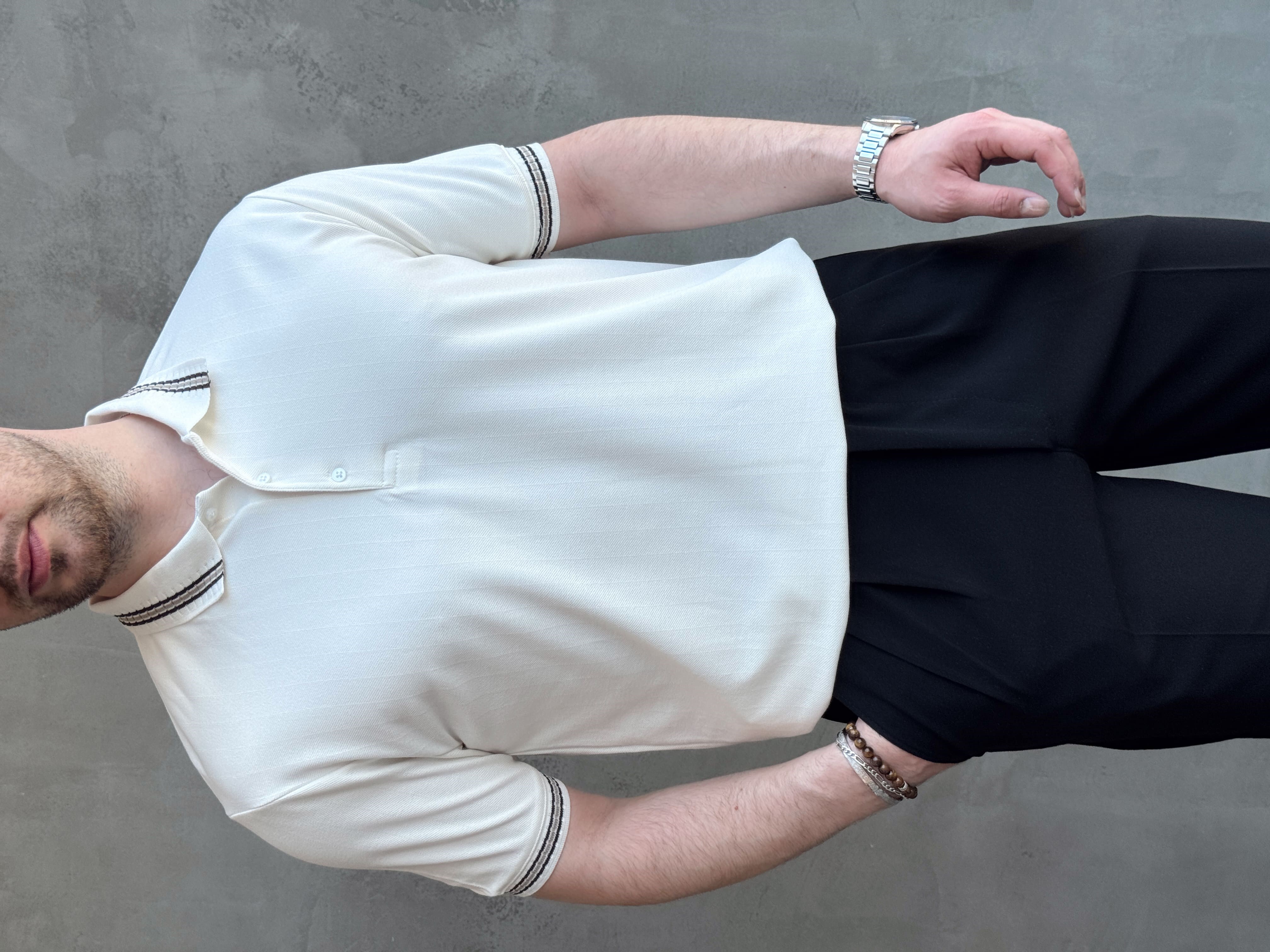 Erkek Kaliteli Kumaş Oversize Kalıp Örme Çizgi Detaylı Düğmeli Polo Yaka T-Shirt-Beyaz(E1747)