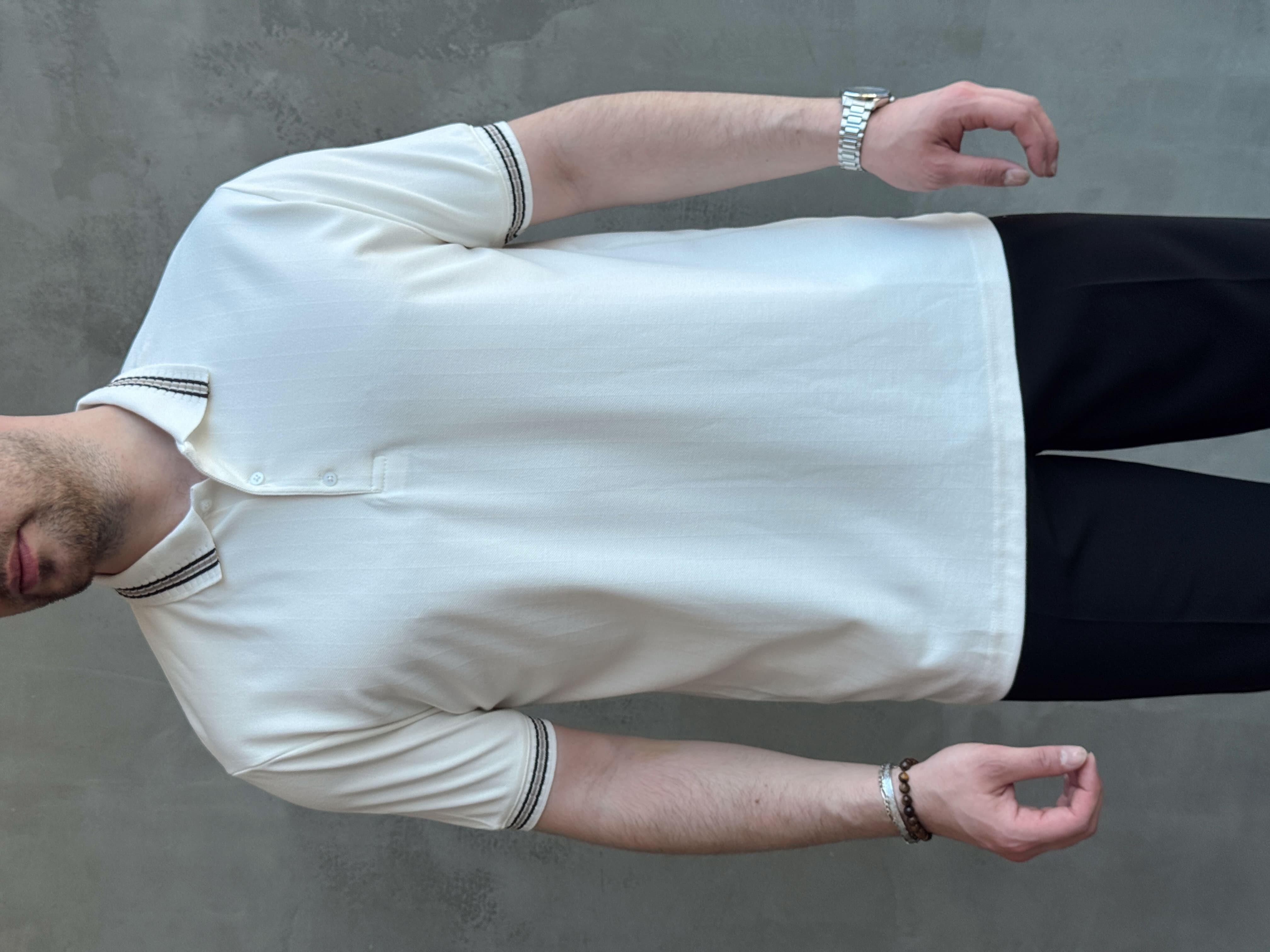 Erkek Kaliteli Kumaş Oversize Kalıp Örme Çizgi Detaylı Düğmeli Polo Yaka T-Shirt-Beyaz(E1747)