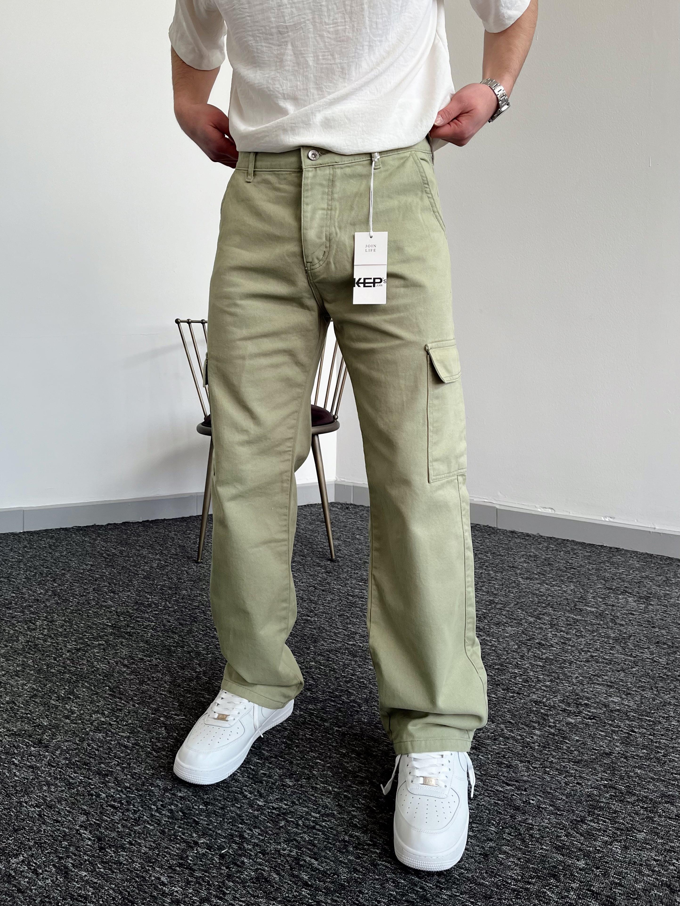 Erkek Kargo Cepli Gabardin Baggy Pantolon-Su Yeşili(E1001) TD:544