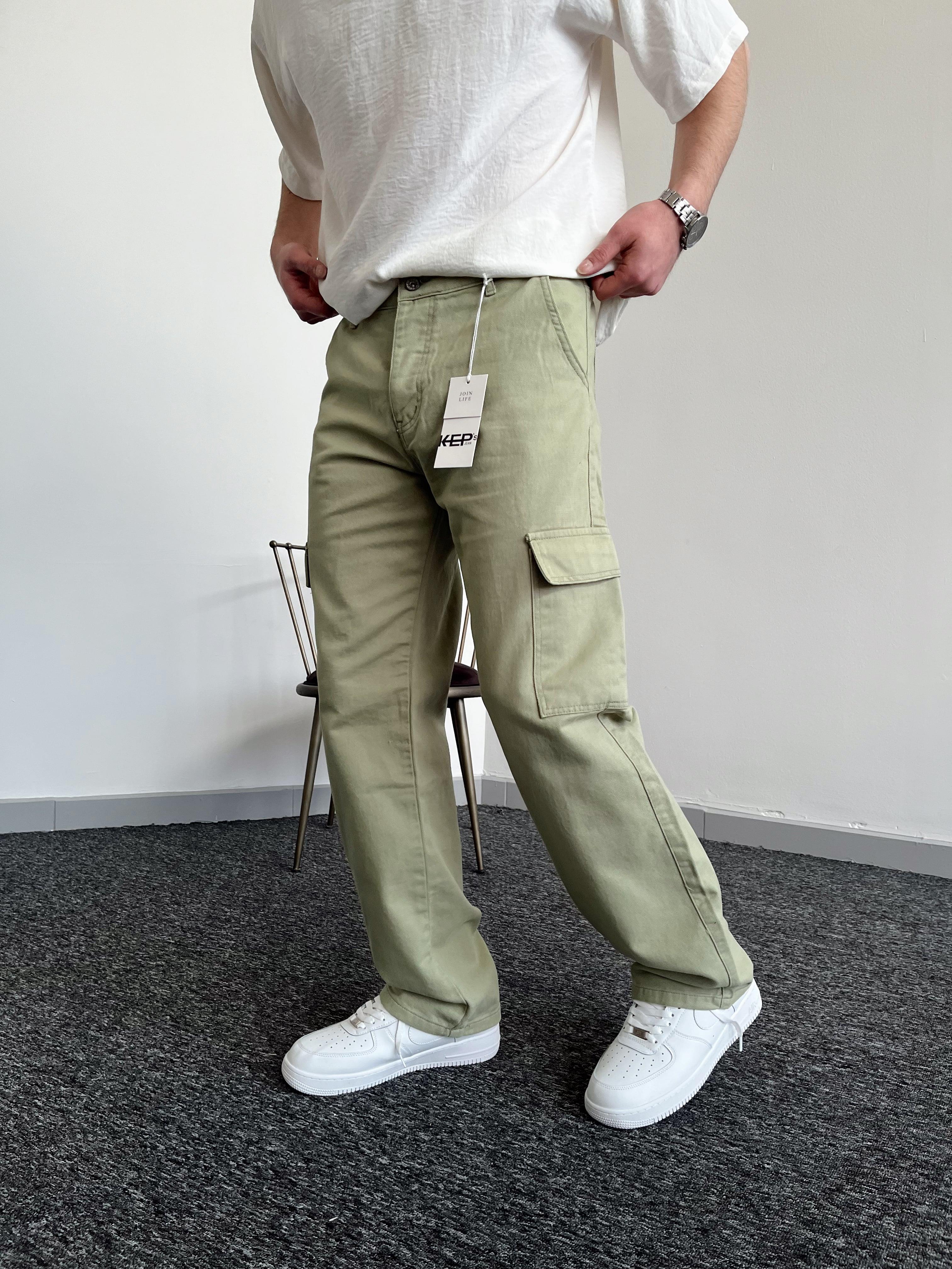 Erkek Kargo Cepli Gabardin Baggy Pantolon-Su Yeşili(E1001)Ketench