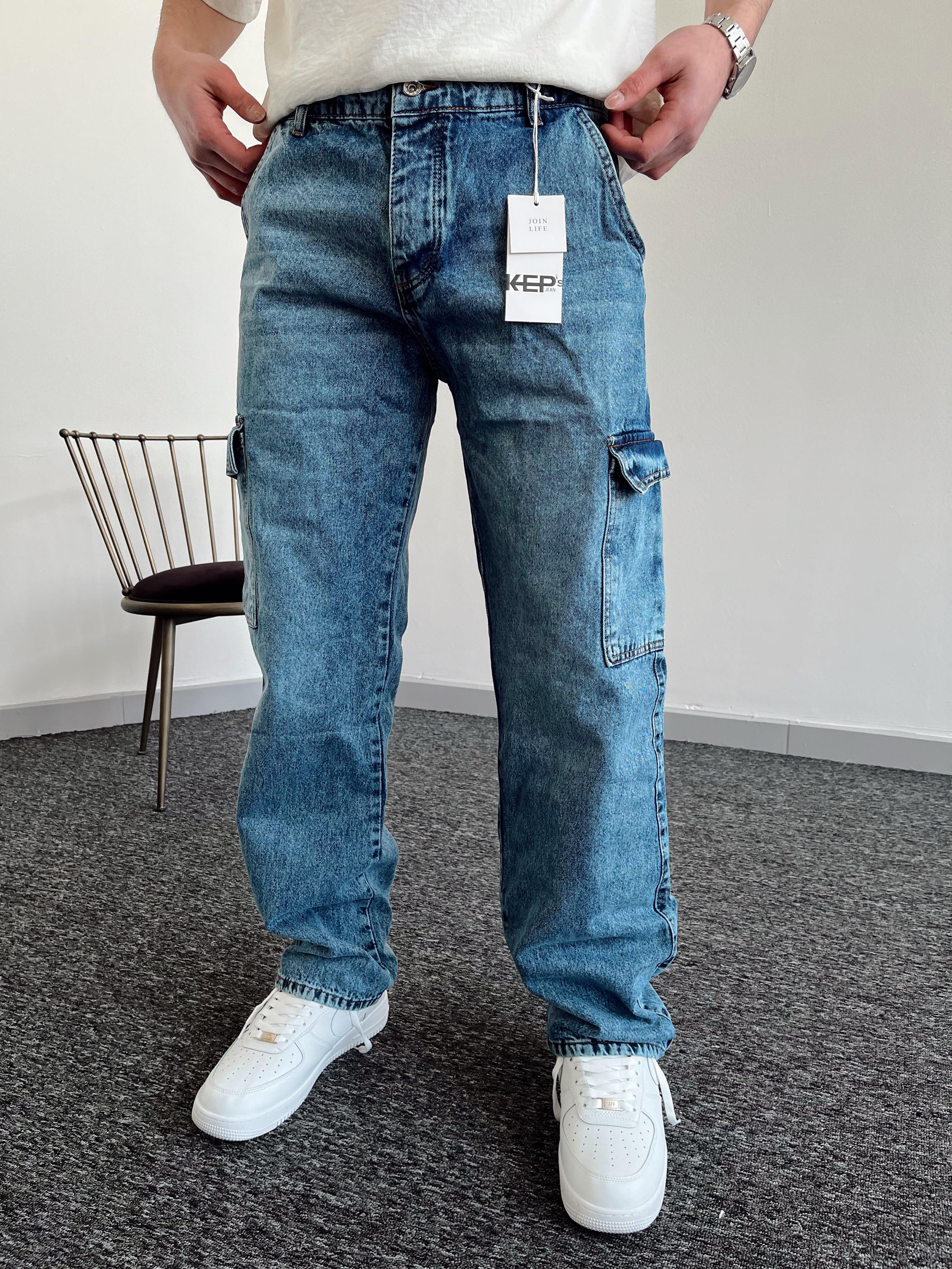 Erkek Kargo Cepli Gabardin Baggy Pantolon-Mavi(E1001)Ketench