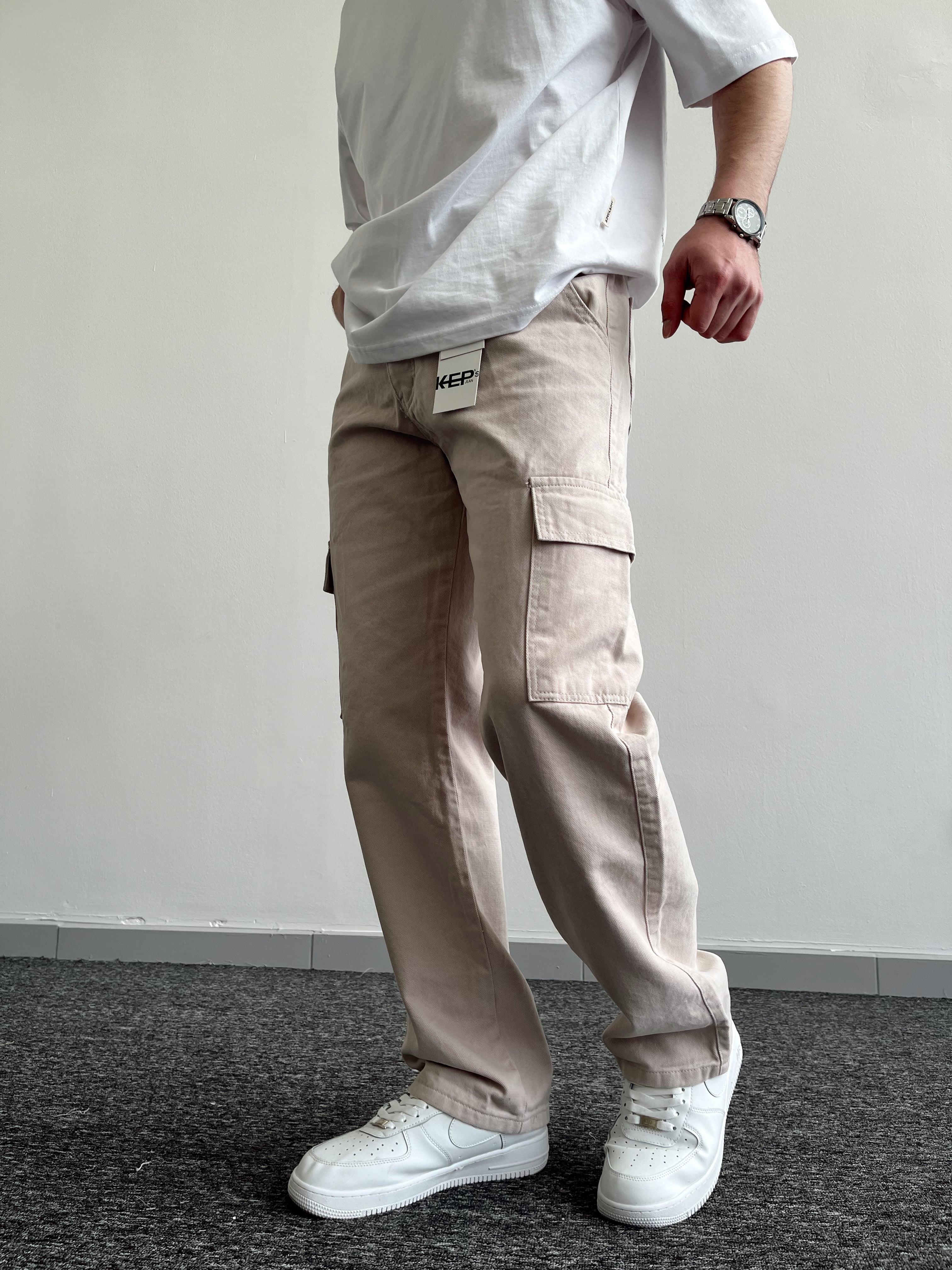 Erkek Kargo Cepli Gabardin Baggy Pantolon-Krem(E1001) TD:560