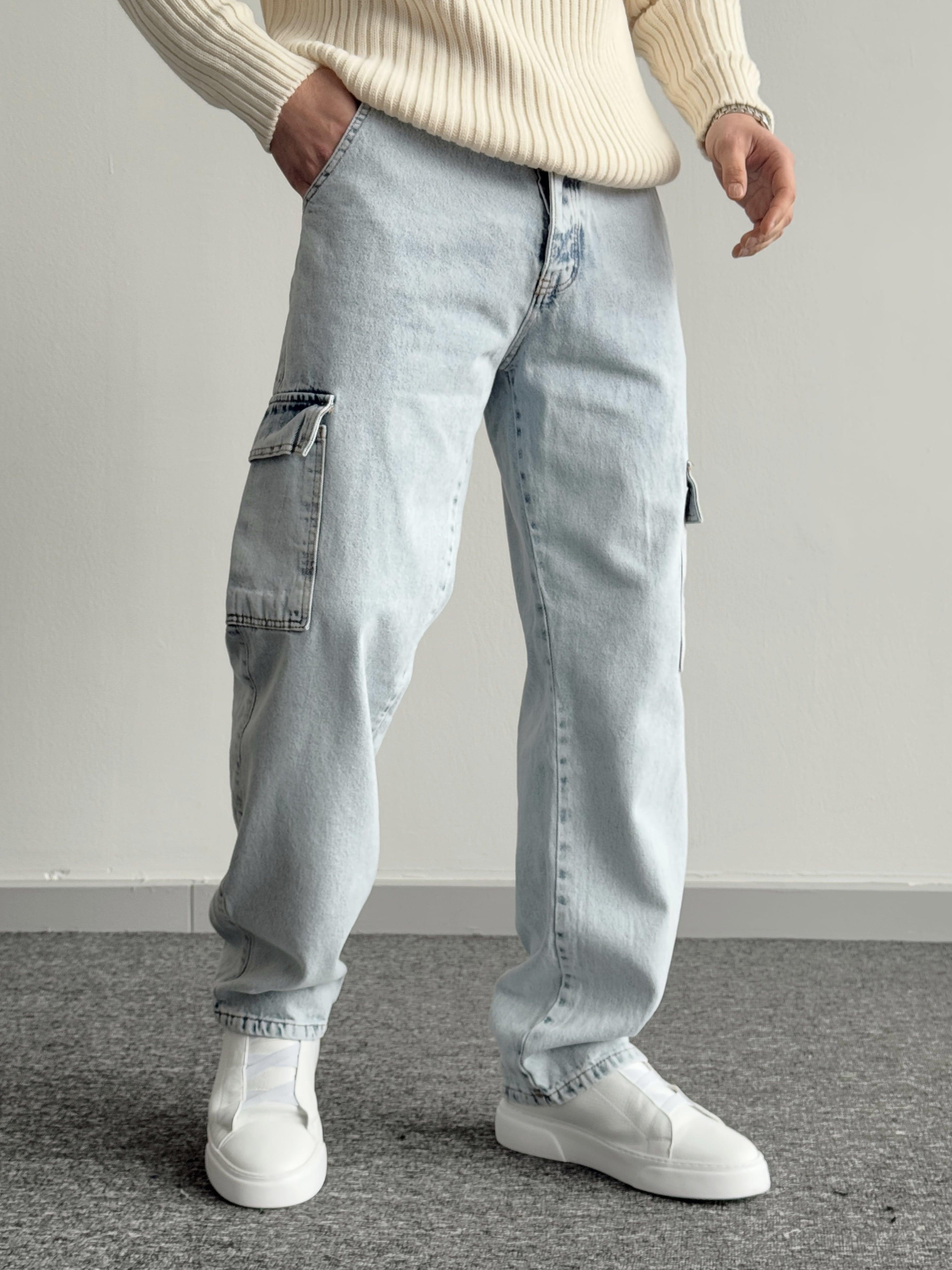 Erkek Kargo Cepli Gabardin Baggy Pantolon-Açık Mavi(E1001) TD:456
