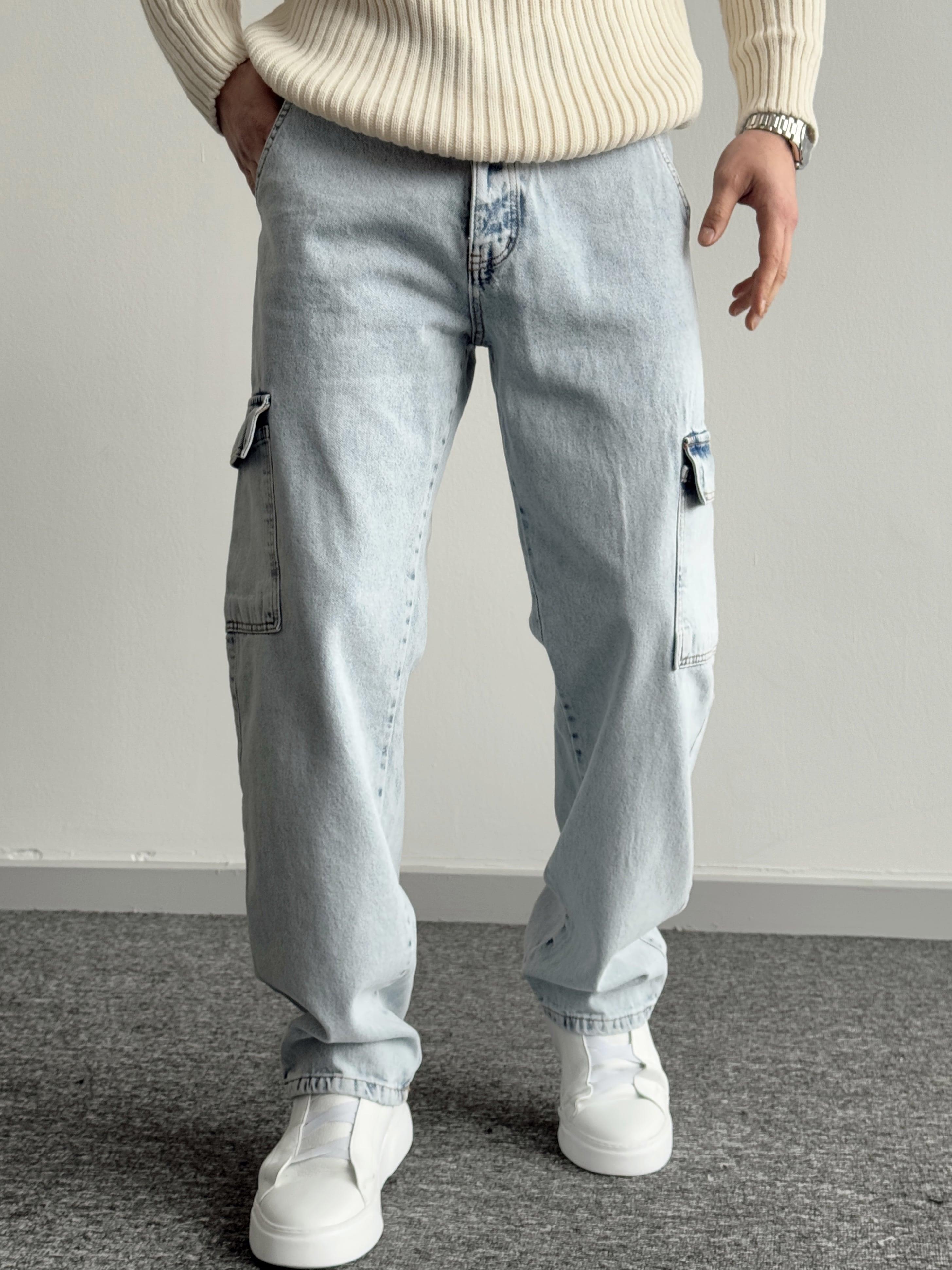 Erkek Kargo Cepli Gabardin Baggy Pantolon-Açık Mavi(E1001) TD:456