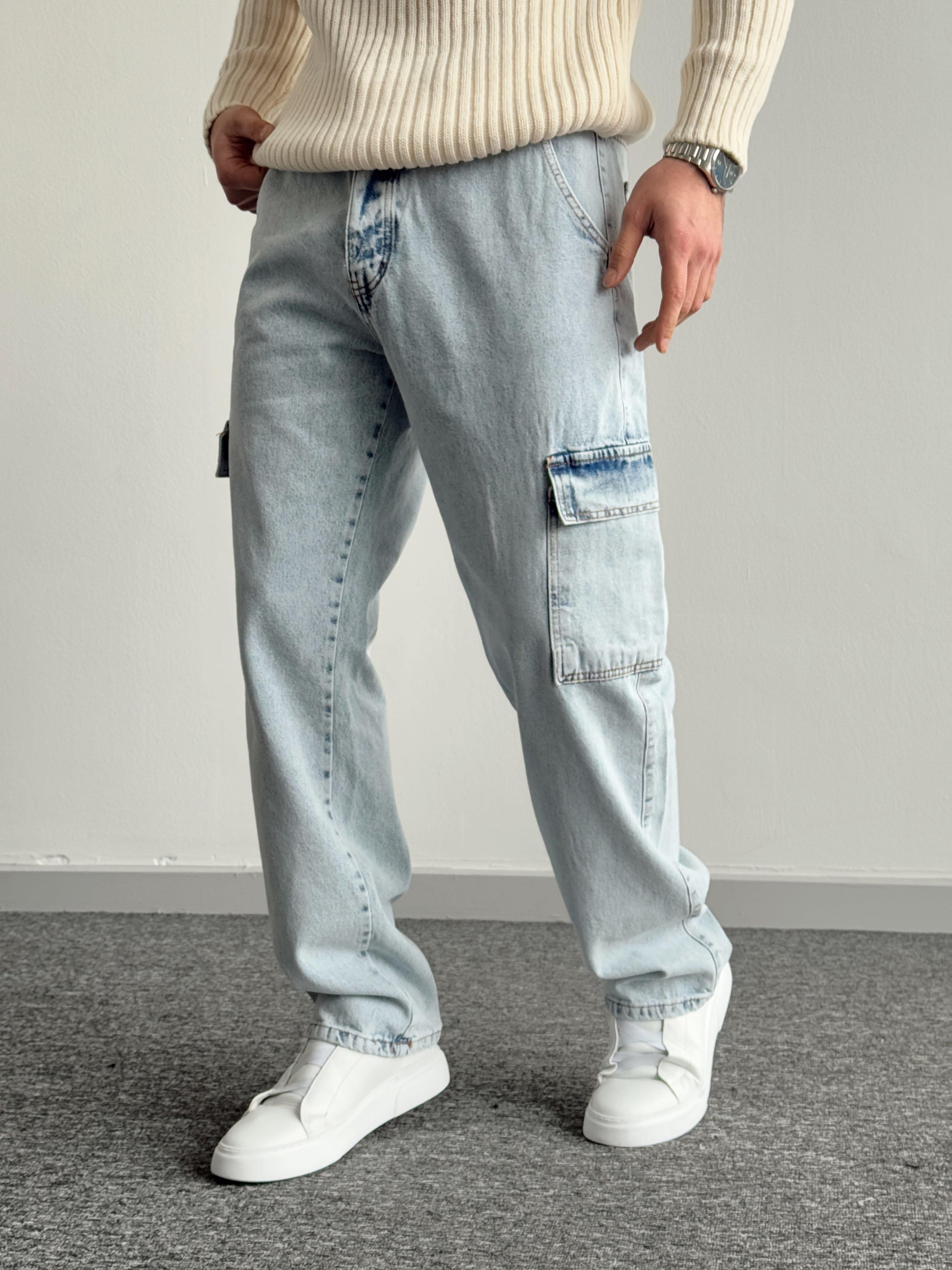 Erkek Kargo Cepli Gabardin Baggy Pantolon-Açık Mavi(E1001) TD:456