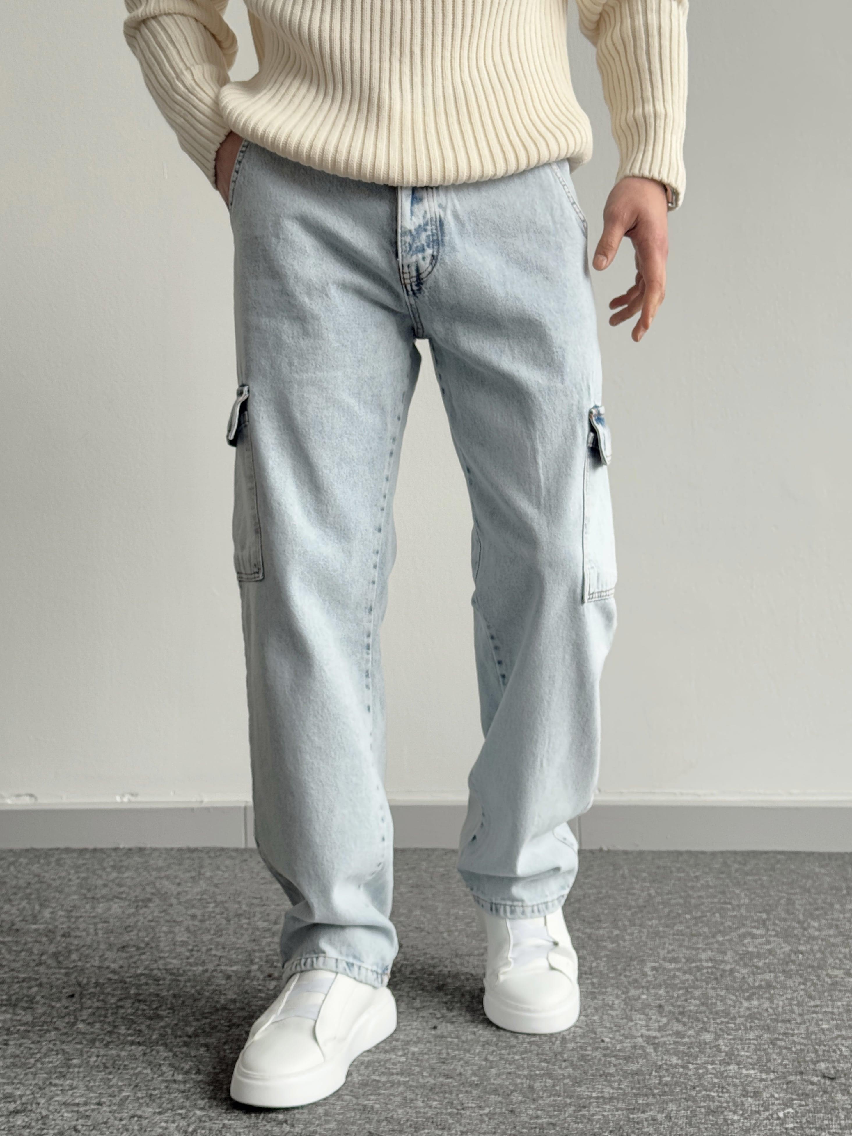 Erkek Kargo Cepli Gabardin Baggy Pantolon-Açık Mavi(E1001)Ketench
