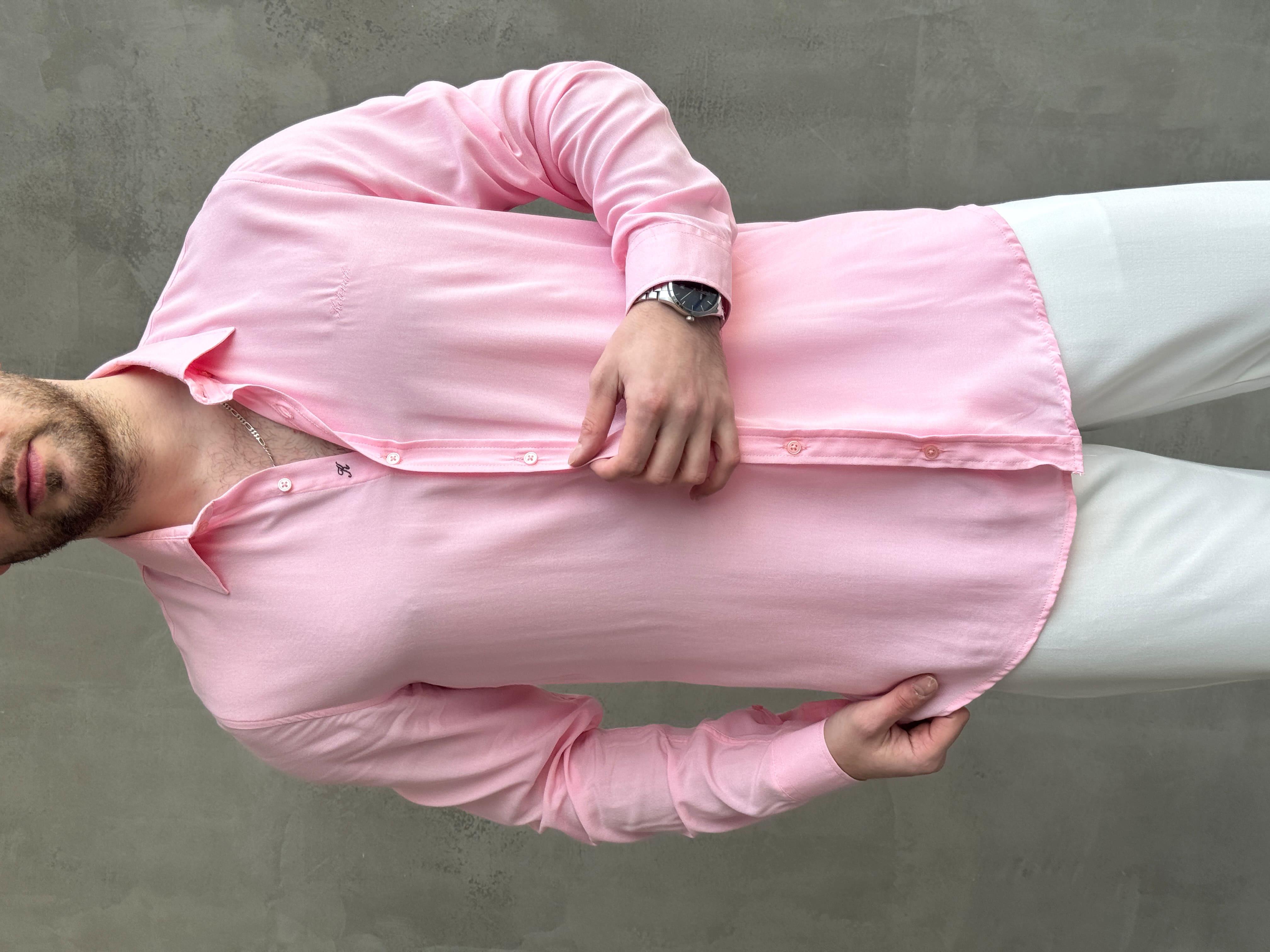 Erkek Ketench Özel Koleksiyon Regular Kalıp Ketench Nakış Detaylı Esnek Kumaş Gömlek-Pembe(E1650)