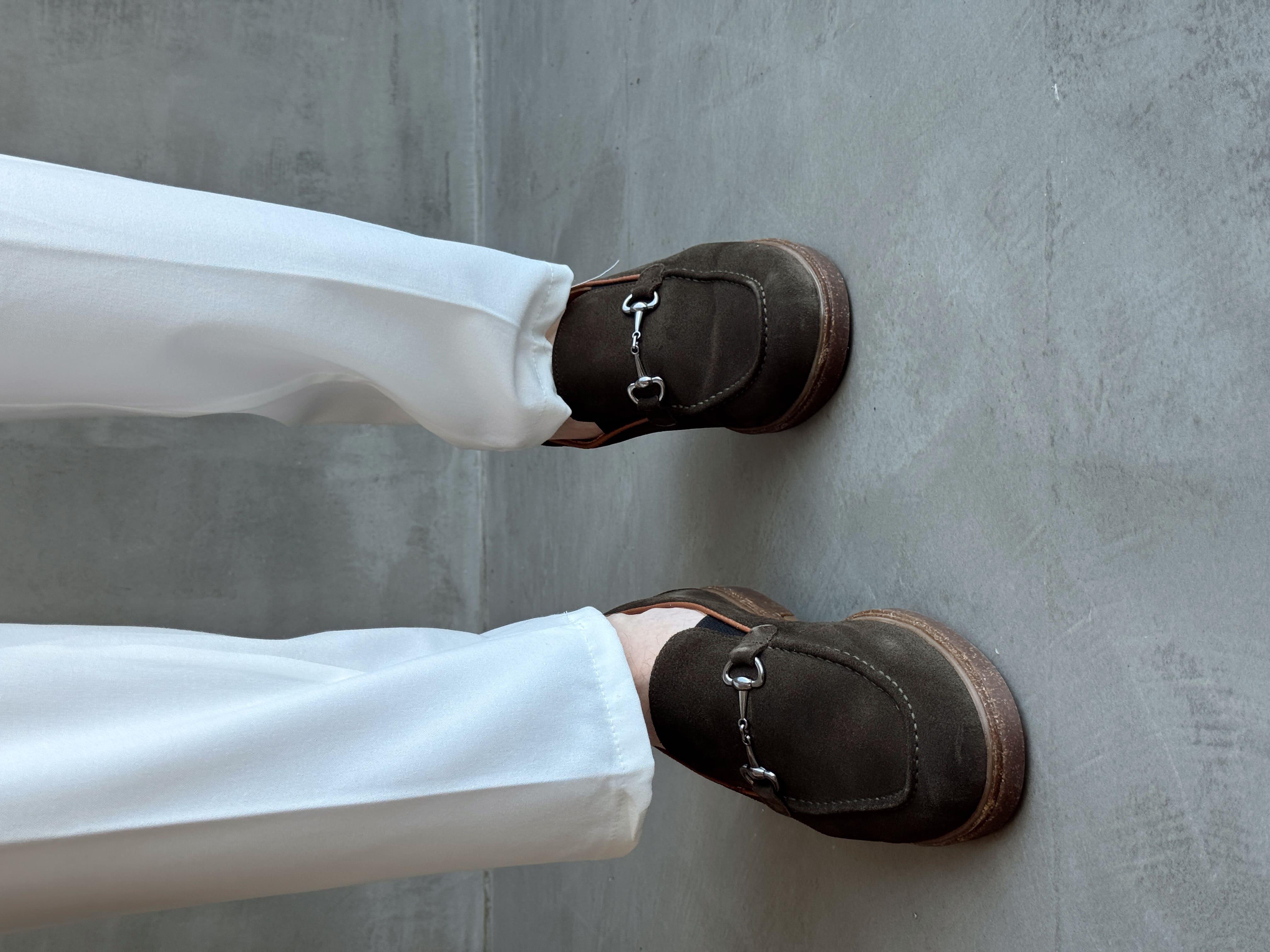 Erkek Ketench Özel Üretim Klasik Model %100 Deri Süet Toka Detaylı Loafer Ayakkabı-Haki(E1684)