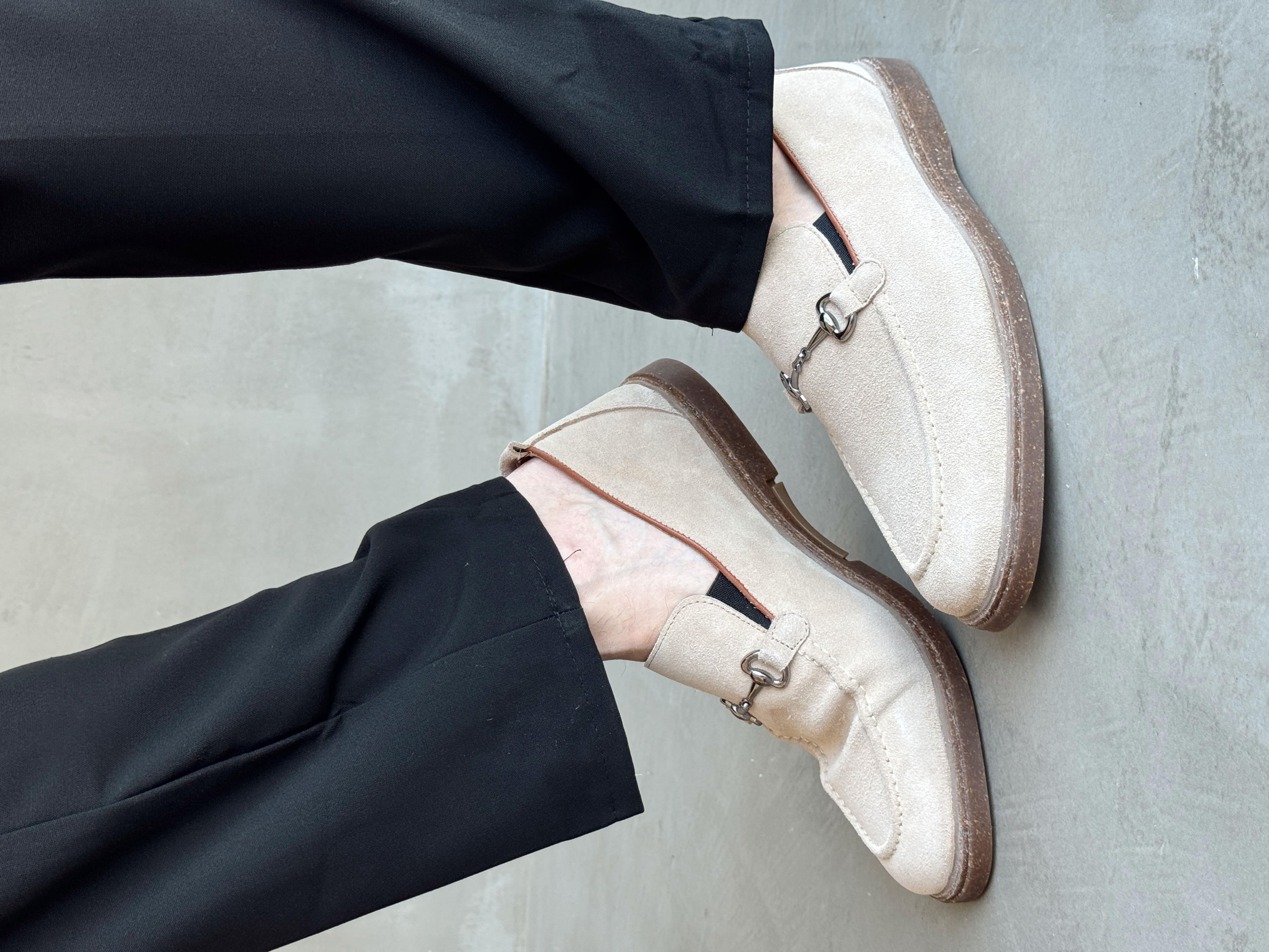 Erkek Ketench Özel Üretim Klasik Model %100 Deri Süet Toka Detaylı Loafer Ayakkabı-Bej(E1684)