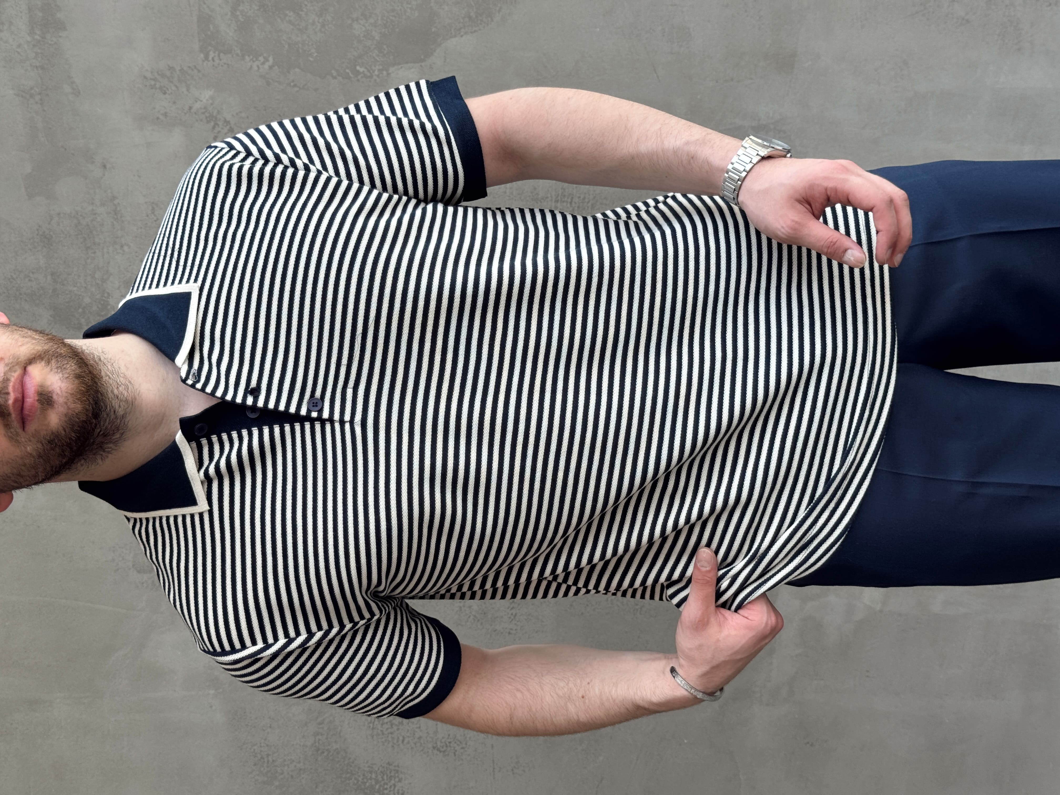 Erkek Kombinlenebilir Oversize Kalıp Çizgi Detaylı Polo Yaka Triko T-Shirt-Lacivert(E1768)