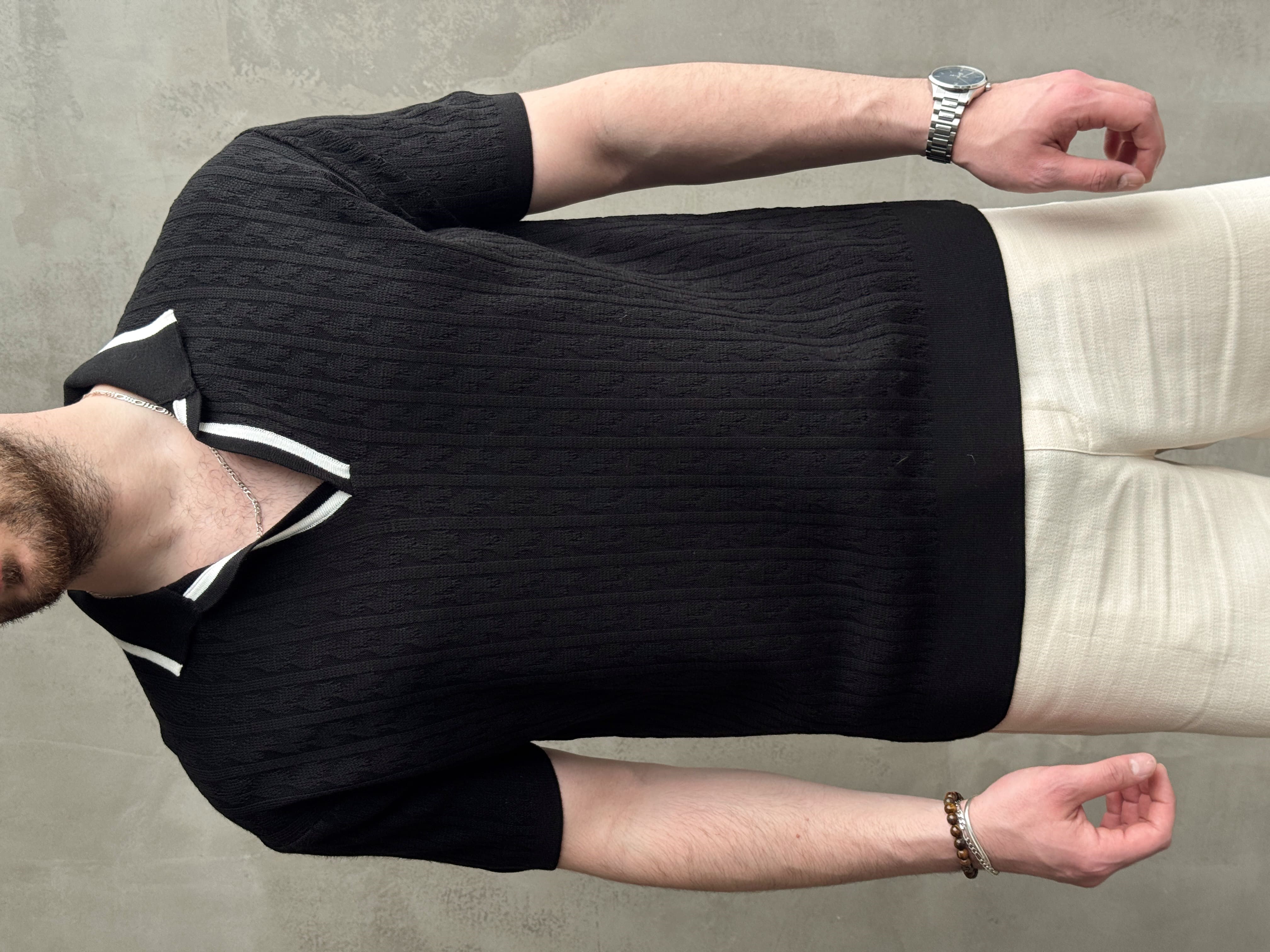 Erkek Kombinlenebilir Yaka Şerit Detaylı Desenli Polo Yaka Triko T-Shirt-Siyah(E1727)
