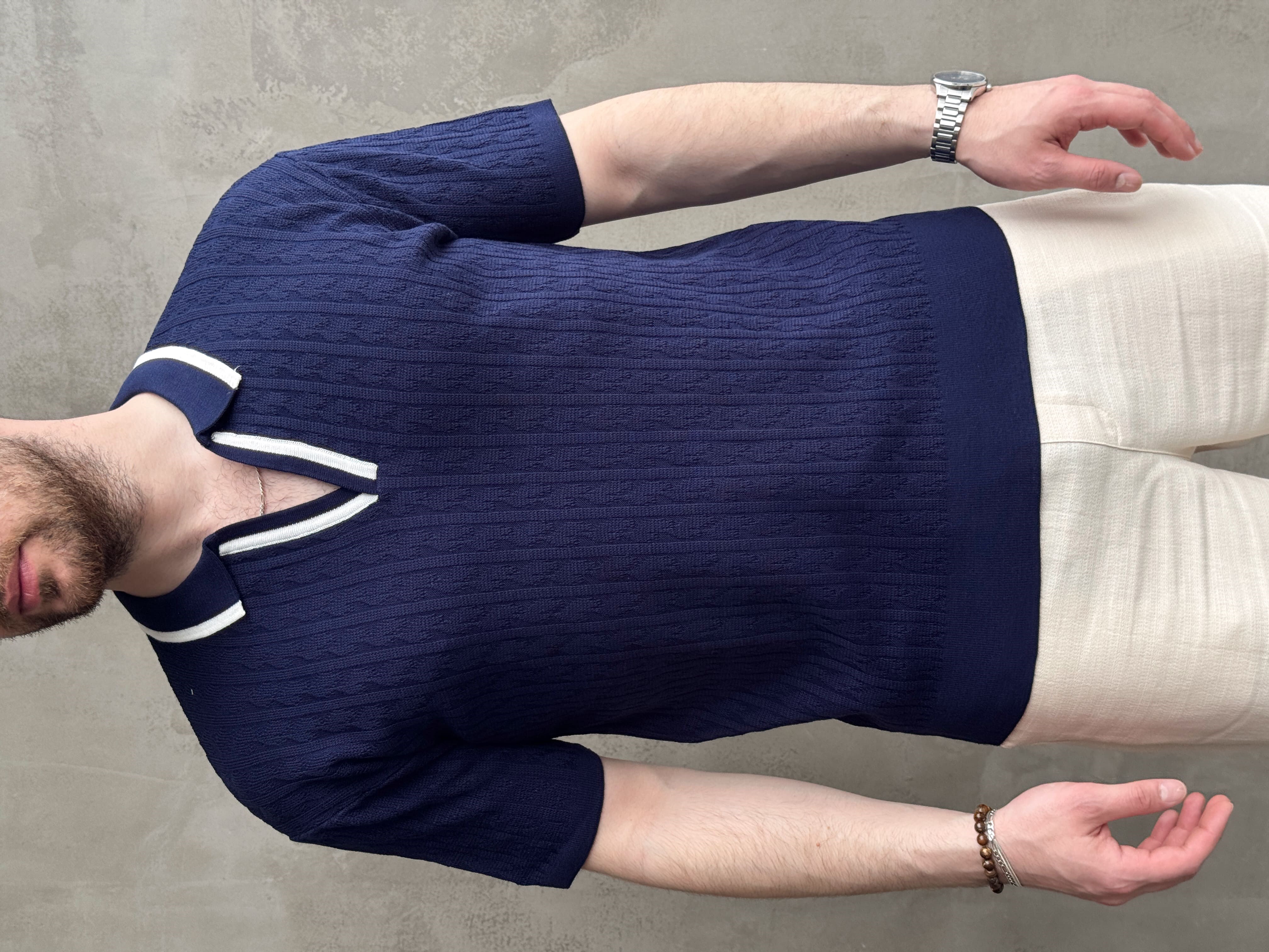 Erkek Kombinlenebilir Yaka Şerit Detaylı Desenli Polo Yaka Triko T-Shirt-Lacivert(E1727)