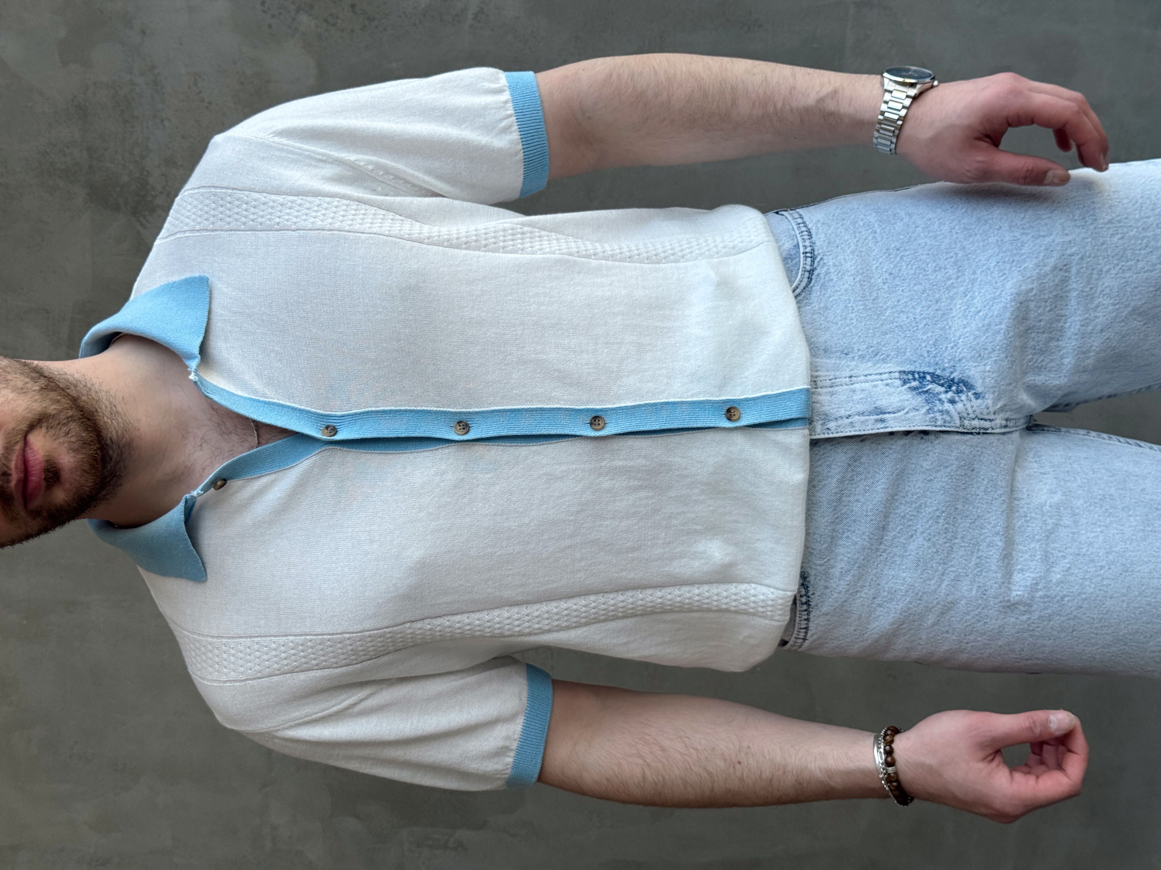 Erkek Modern Kesim Regular Kalıp Düğme Detaylı Ribanalı Triko T-Shirt-Beyaz(E1696)Ketench