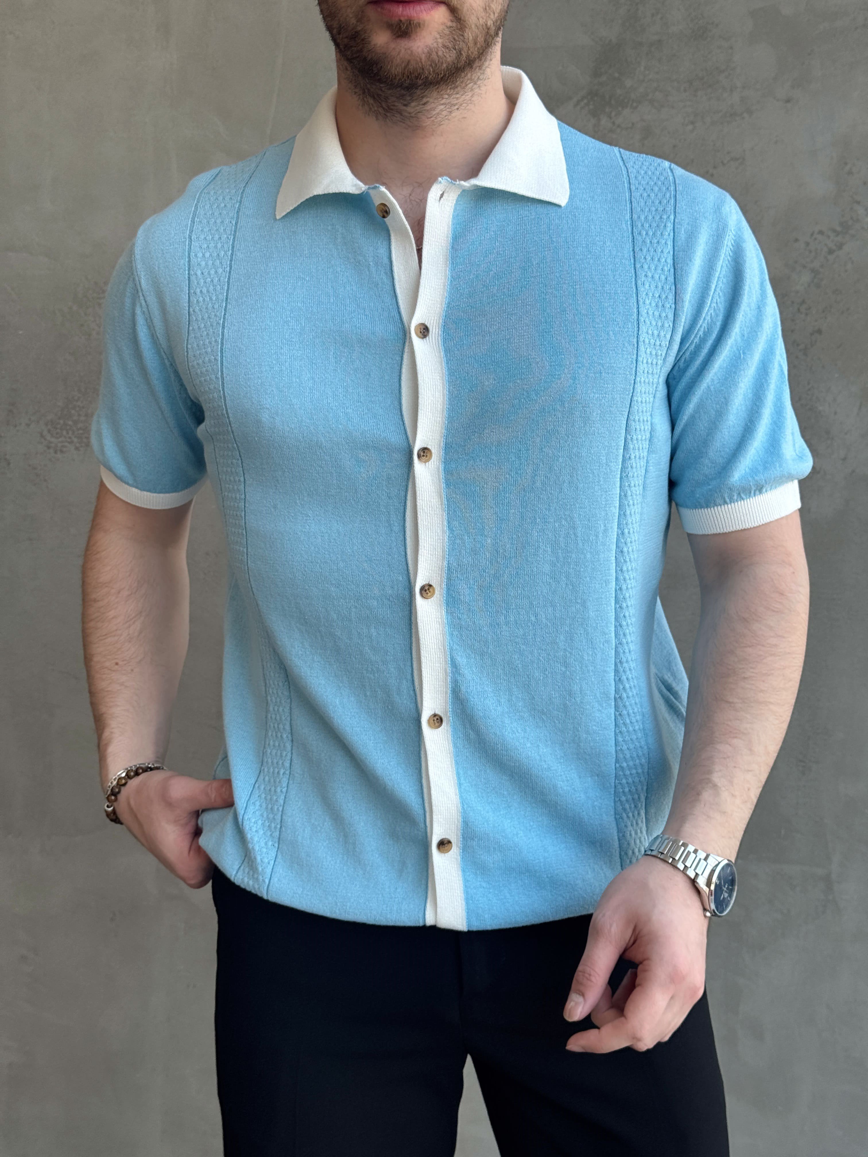 Erkek Modern Kesim Regular Kalıp Düğme Detaylı Ribanalı Triko T-Shirt-Bebe Mavi(E1696)Ketench