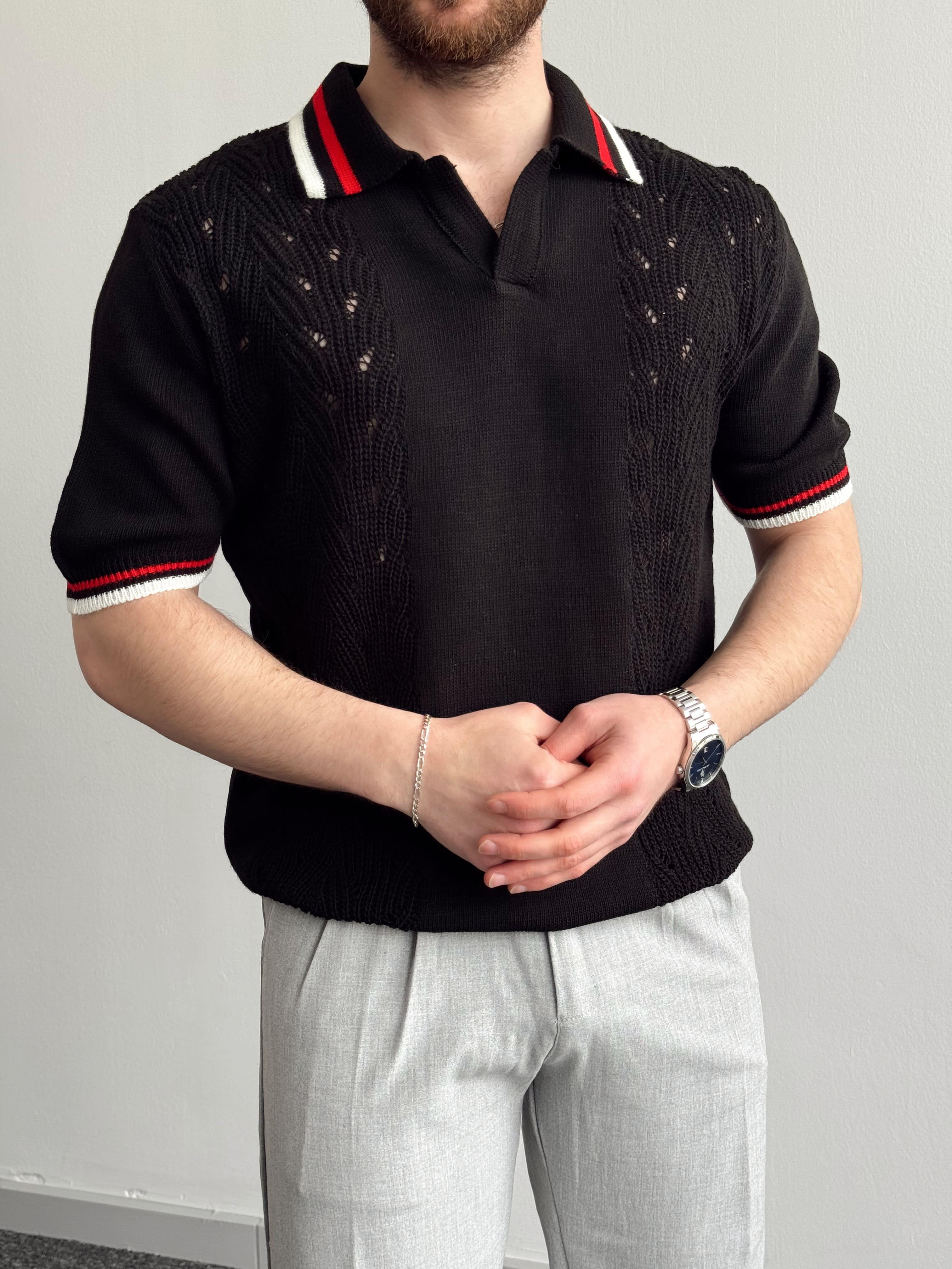 Erkek Numaralandırılmış Özel Seri Çizgi Detay Oversize Kalıp Polo Yaka Triko T-Shirt-Siyah(E1375)
